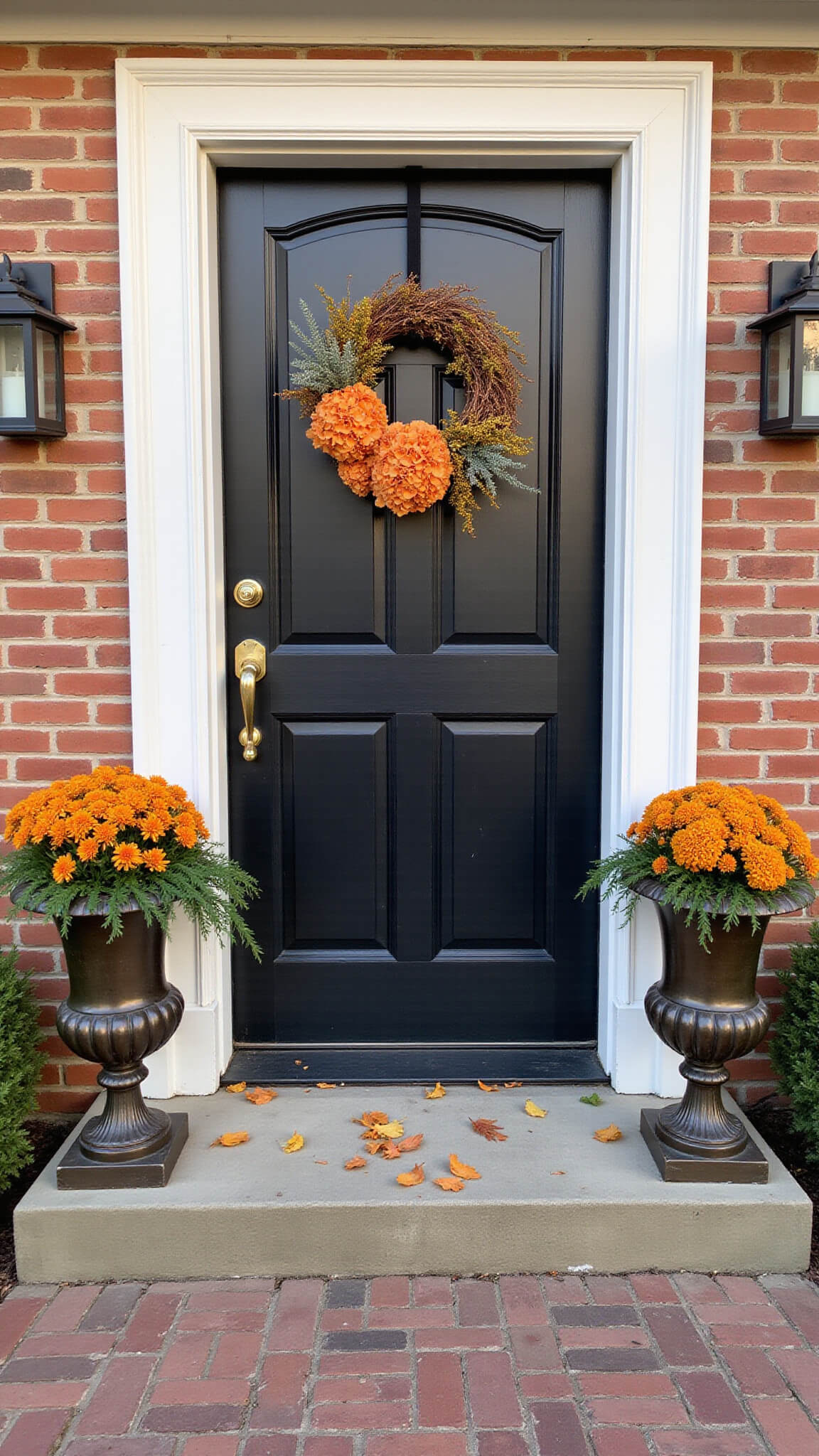 Dutch colonial door at sunrise, bathed in soft pink light, with black paint, matching bronze urns of orange mums and sweet potato vines, central wreath of hydrangea and bittersweet, and oak leaves on herringbone brick.