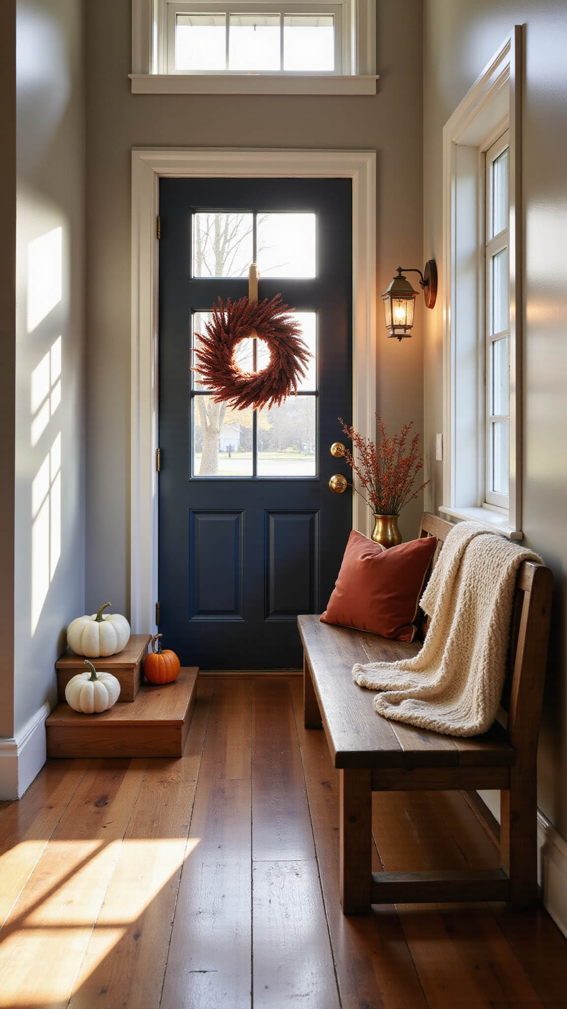 Craftsman-style entryway at golden hour with oak floors, navy door featuring fall wreath, vintage bench with cozy pillows, cascading pumpkins on steps, and warm brass lantern lighting.