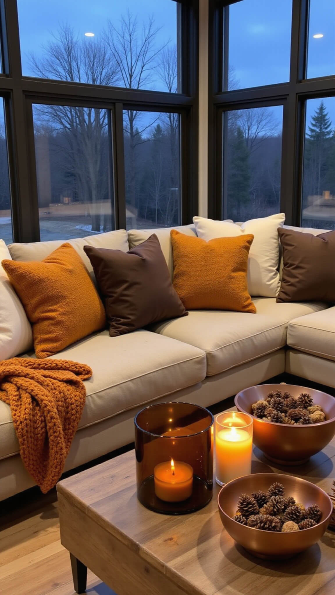 Cozy contemporary living room at dusk with floor-to-ceiling windows, oatmeal linen sectional with warm-toned pillows and knit blanket, styled coffee table with autumn accents.
