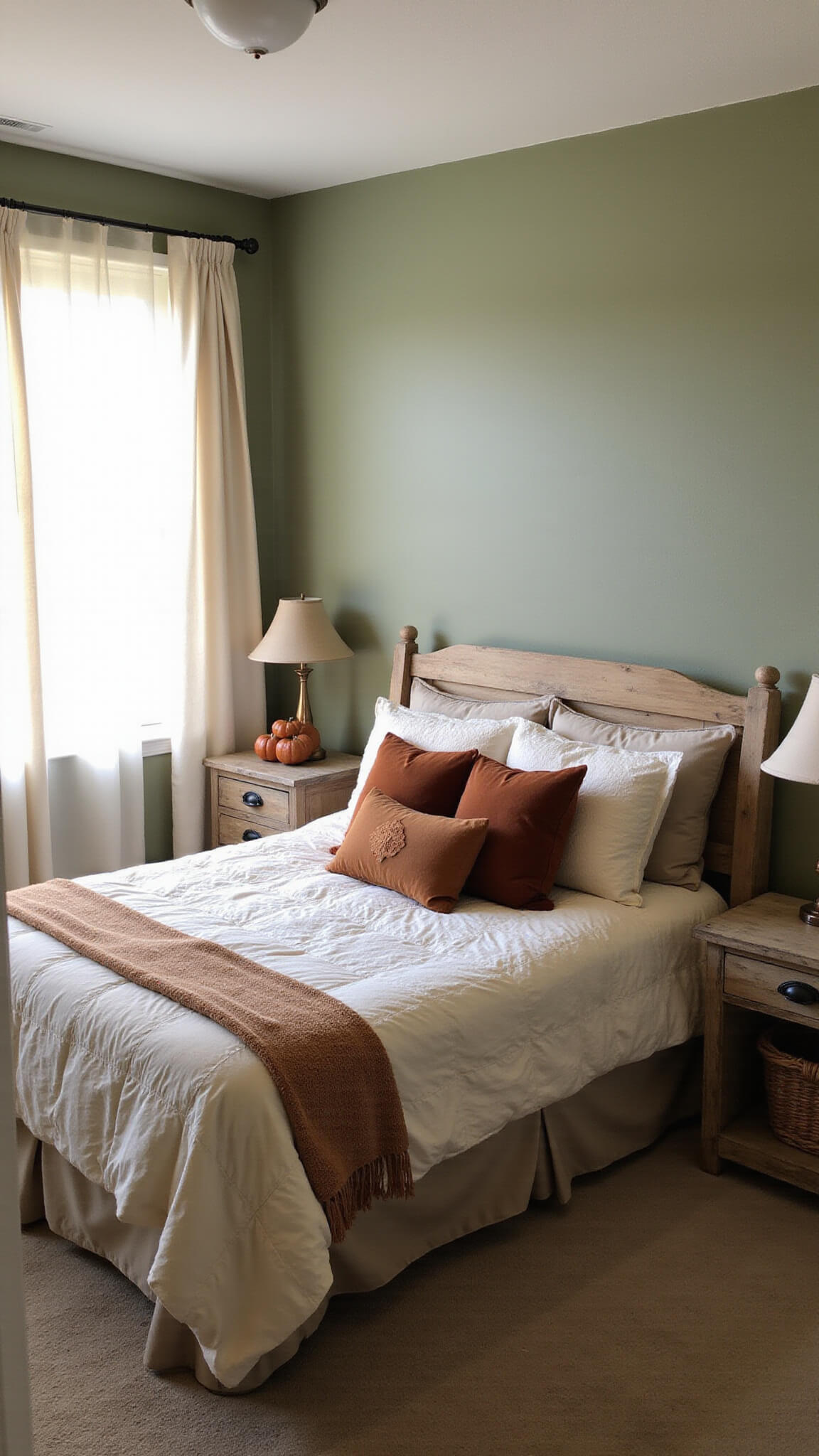 Cozy 14x16ft master bedroom at sunrise with sage green walls, king bed in ivory and rust bedding, oak nightstands, ceramic pumpkins, and copper lamps.