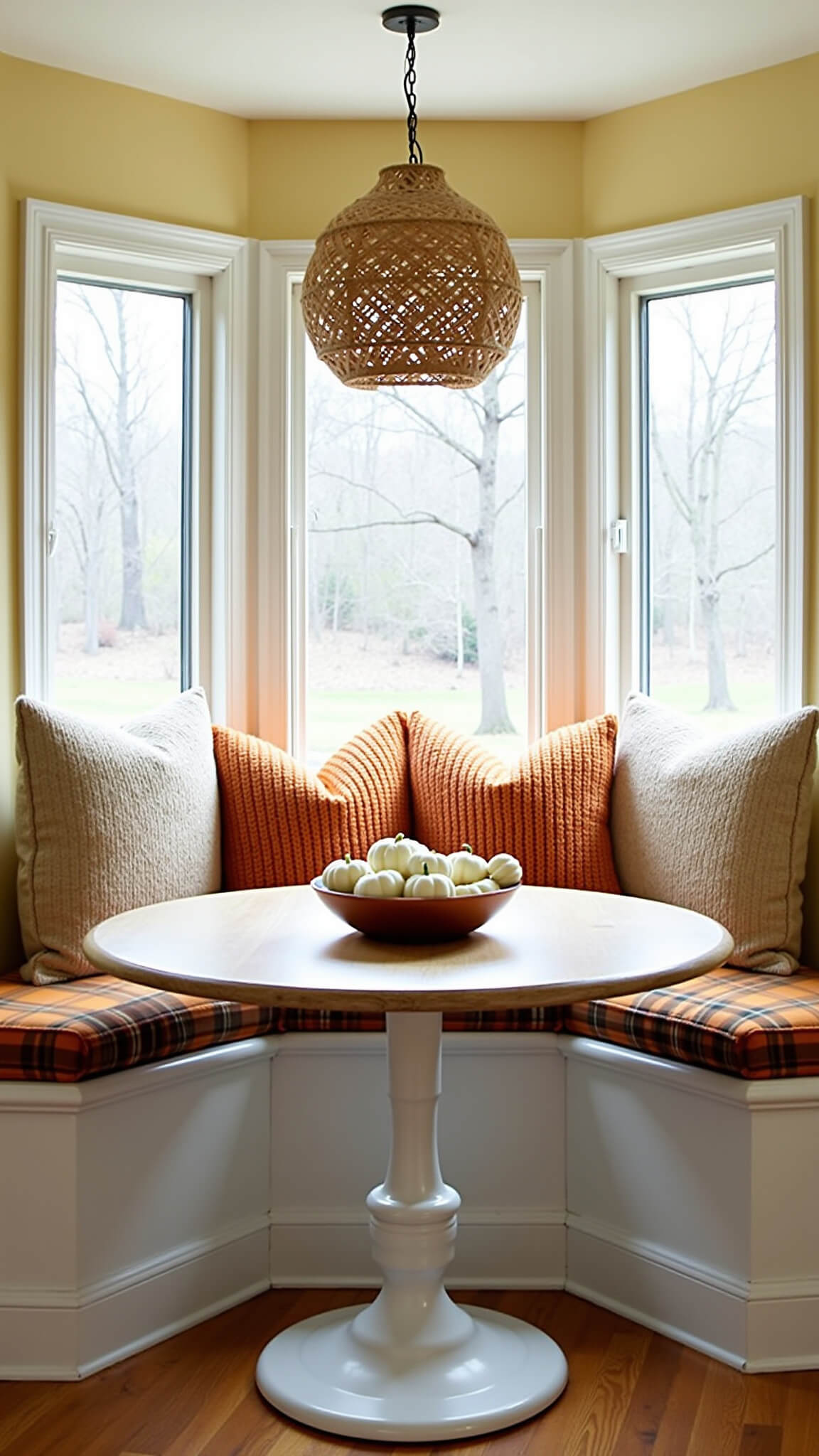 Cozy breakfast nook with plaid bay window seat, knit pillows, round white oak table with copper bowl of mini white pumpkins, and woven pendant light casting shadows.
