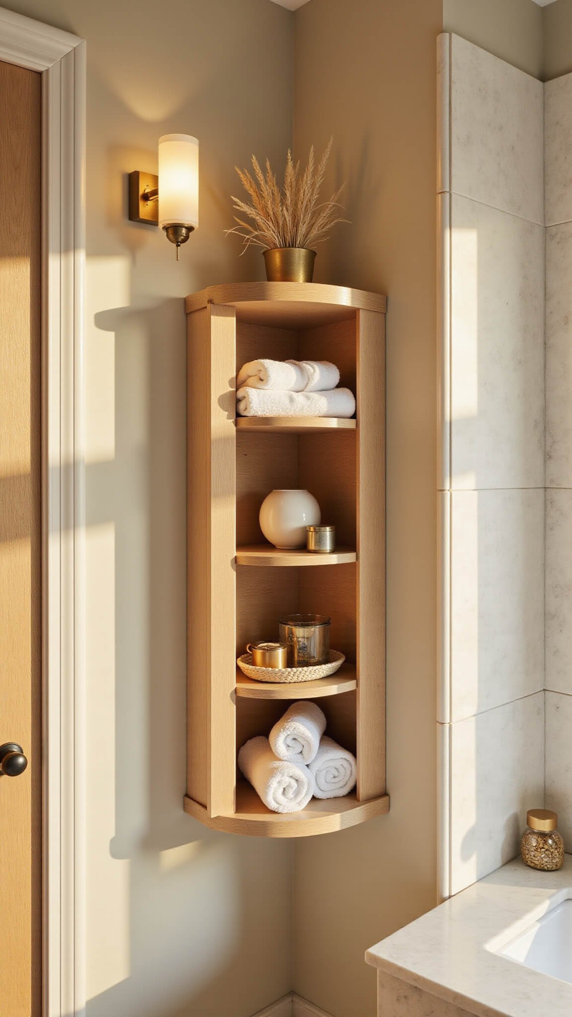Sunset-lit corner vignette with light oak shelf holding towels and spa decor, marble backsplash, modern sconce, and warm-toned styling accents.