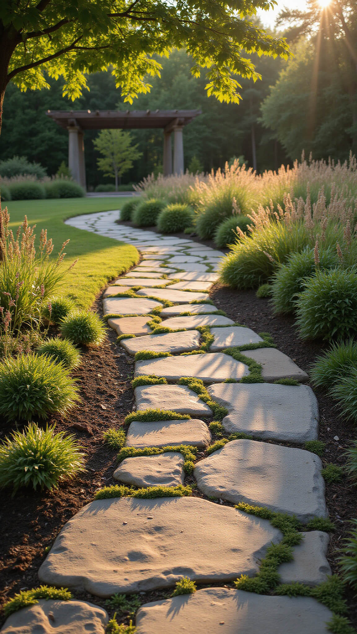 Low-angle view of a winding flagstone garden path with moss and thyme between stones, bordered by wildflowers and grasses, lit by golden hour sunlight with a rustic pergola in soft-focus background.