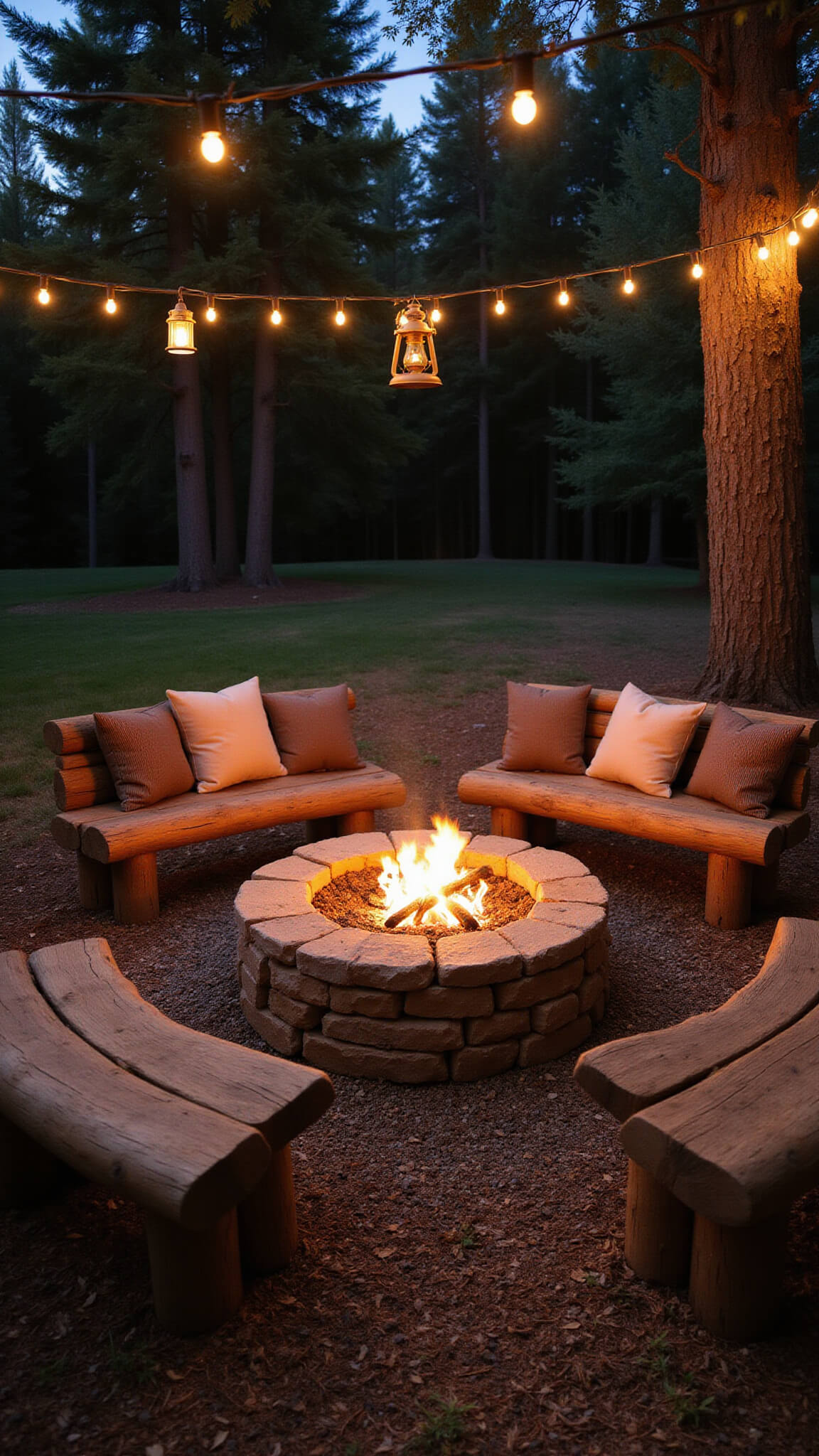 Twilight outdoor fire pit scene with circular stone pit, log seating, string lights, metal lanterns, gravel ground, and pine needles.