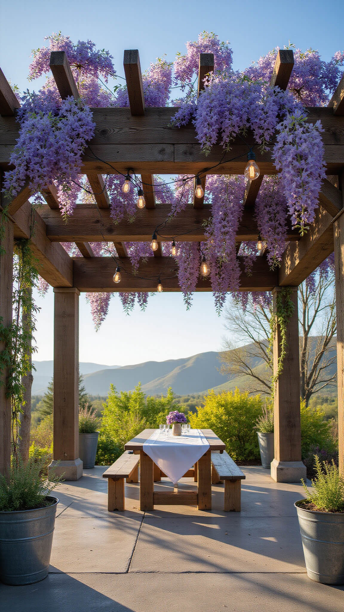 Weathered wood pergola with wisteria vines, Edison bulb string lights, rustic dining table, and herb planters under blue sky.