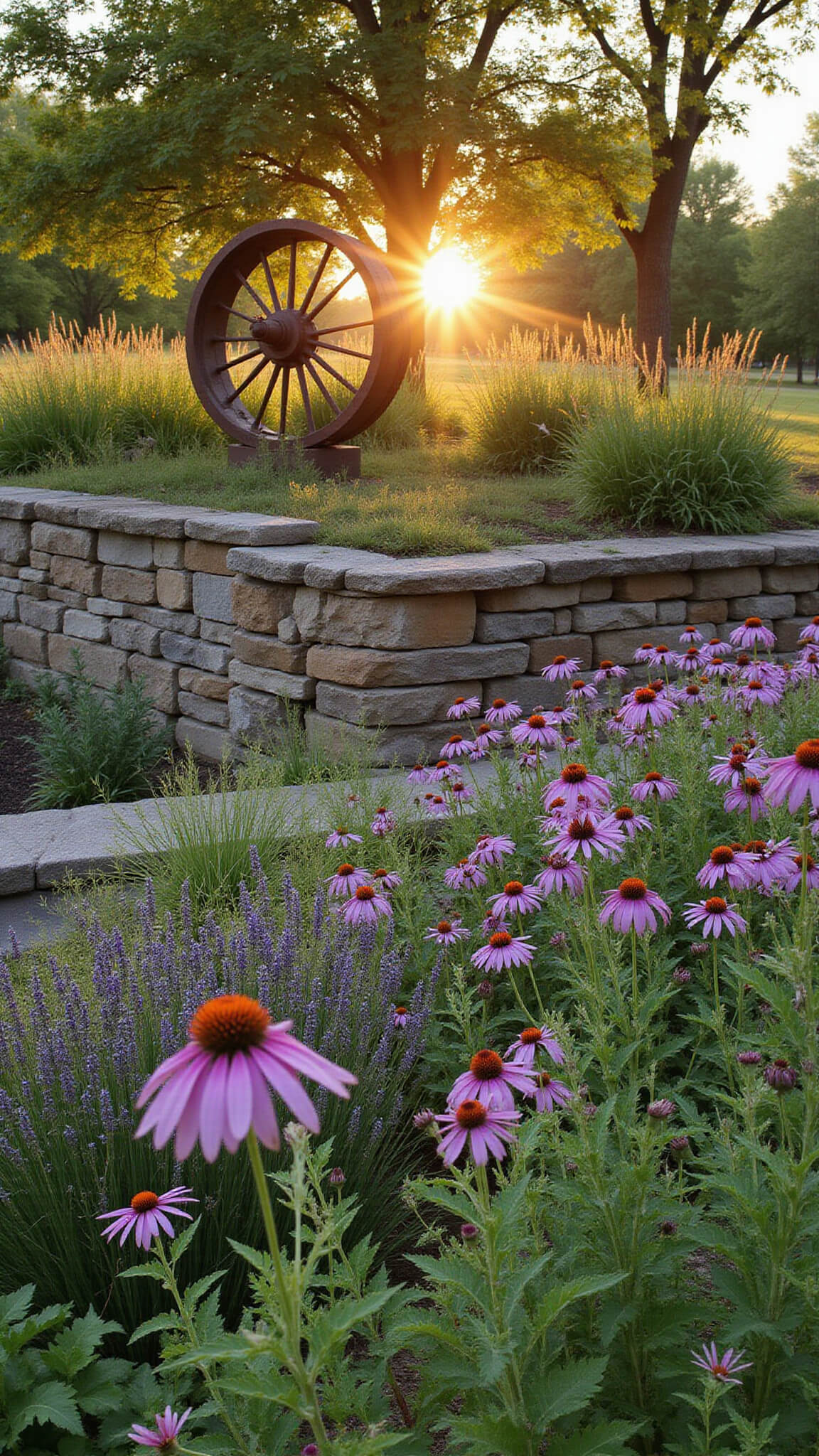 Native wildflower garden with purple coneflowers, black-eyed Susans, and grasses bordered by mossy limestone wall at sunset, featuring vintage metal farm wheel.