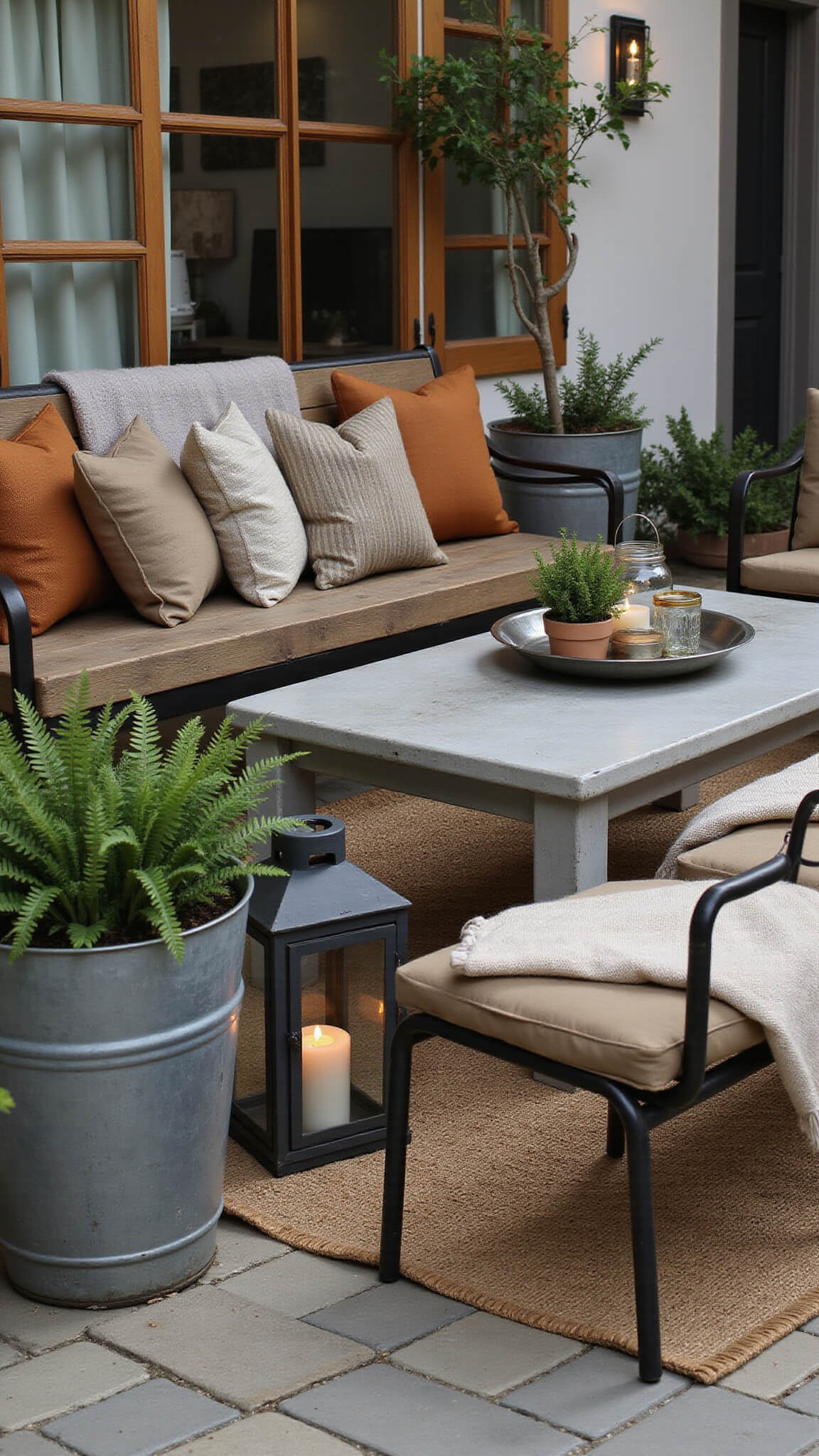 Rustic seating area with teak bench, metal chairs, concrete table, earth-toned textiles, and lush ferns under soft afternoon light.