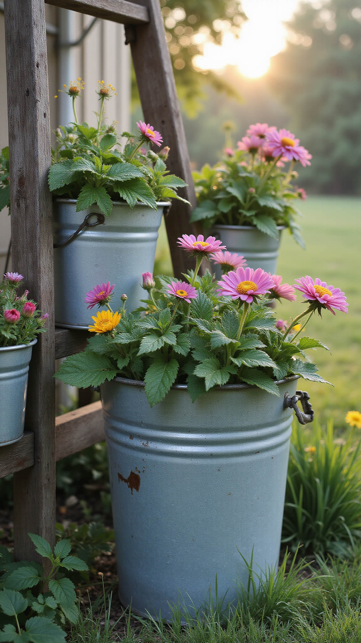 Close-up of galvanized metal containers filled with cottage garden flowers at dawn, with dewy leaves and petals, vintage washtubs and buckets, and a rustic wooden ladder in soft morning mist.