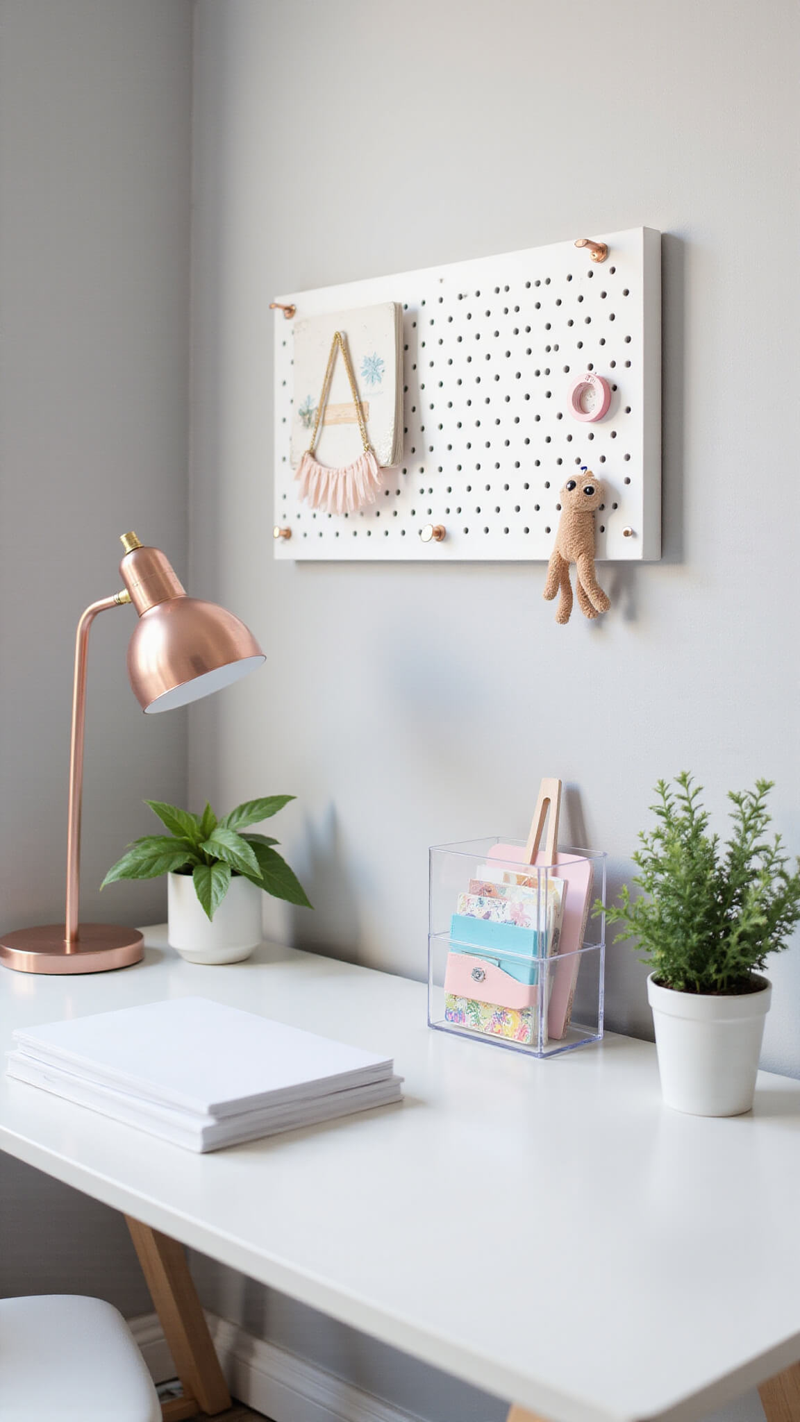 Minimalist 10x10ft home office with white desk, rose gold lamp, pastel supplies in clear organizers, monstera plant, and pegboard arranged geometrically against light grey wall.