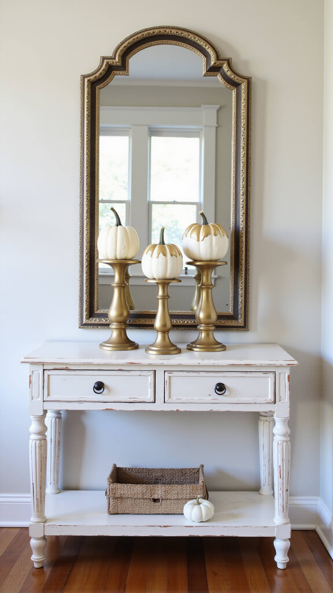 Modern entryway with distressed white console table featuring three white pumpkins on brass pedestals, an antiqued mirror behind reflecting morning light.