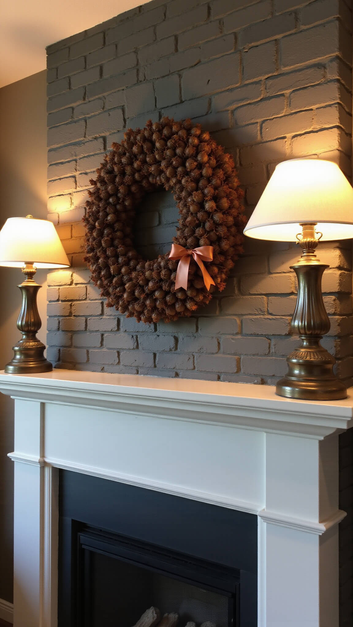 Handcrafted acorn wreath with copper ribbon on a slate gray brick fireplace mantel in a warmly lit autumnal living room at dusk.
