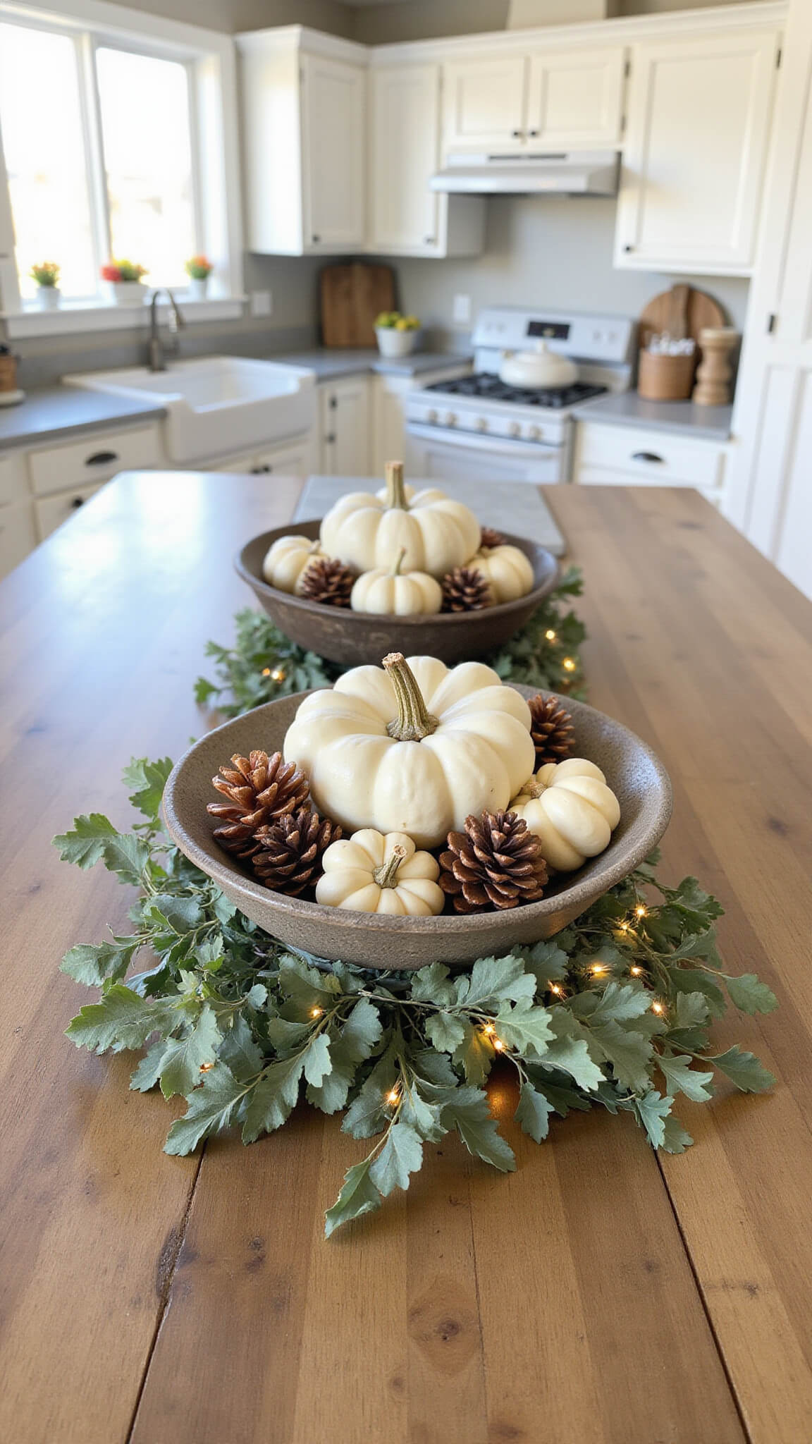Rustic farmhouse kitchen island with a weathered dough bowl centerpiece filled with white mini pumpkins, copper pinecones, eucalyptus, and fairy lights, viewed from above at a 30-degree angle.
