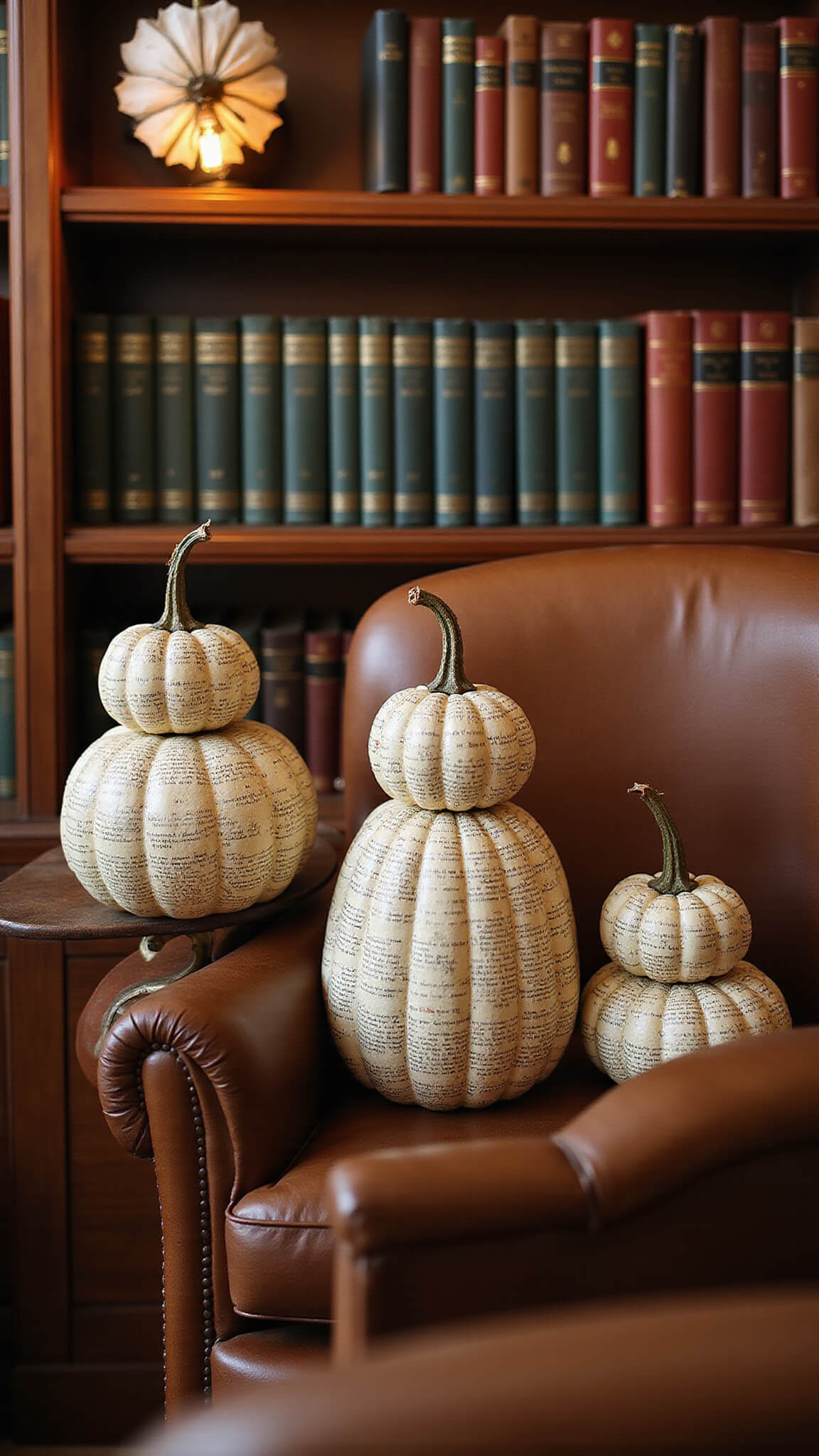 Vintage-style book page pumpkins on mahogany bookshelf in cozy library nook with leather armchair and brass lamps during blue hour.