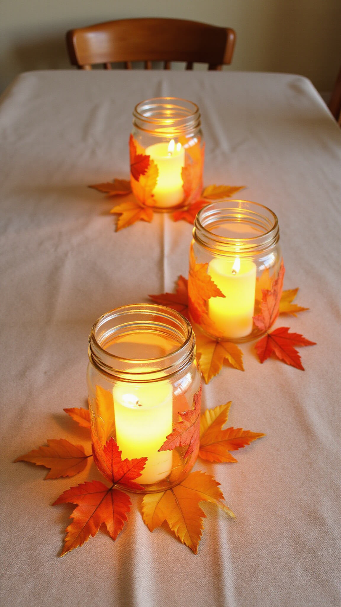 DIY fall leaf candle holders glowing on round oak table in cozy cream-walled breakfast nook.