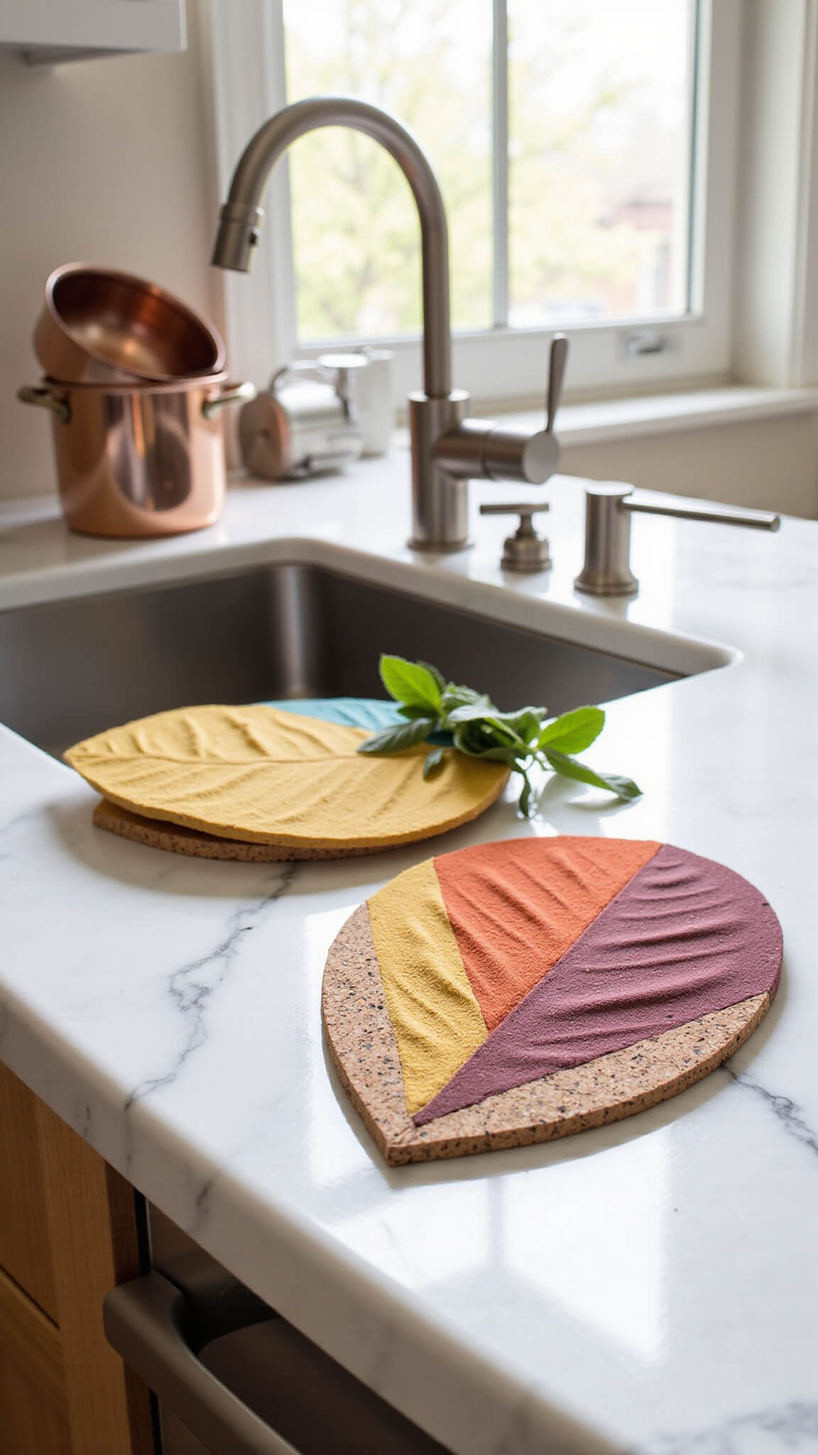 Colorblock cork leaf trivets in mustard, terracotta, and burgundy on a marble countertop with copper cookware and fresh sage in morning light.