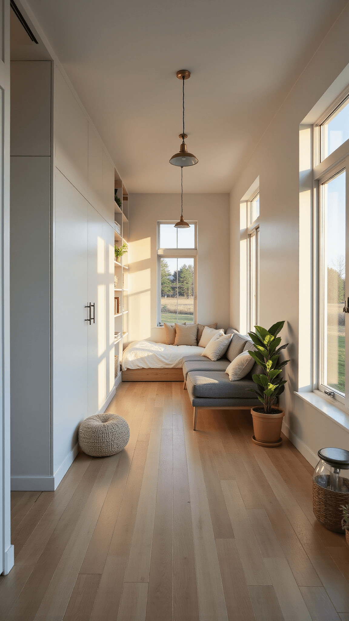 Modern minimalist tiny house interior with oak floors, white walls, Murphy bed, modular gray sofa, and warm golden hour lighting through large windows.