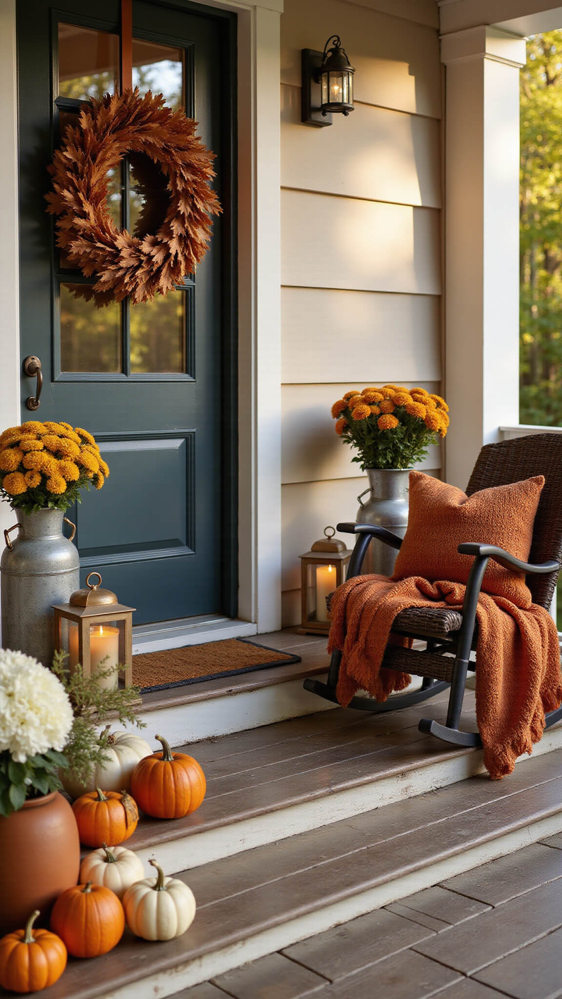 Golden hour view of a cozy wraparound porch with weathered wood flooring, heirloom pumpkins on vintage stairs, a craftsman door with an oak leaf wreath, wicker rocker with burnt orange throw, copper lanterns, and ivory mums in metal containers.