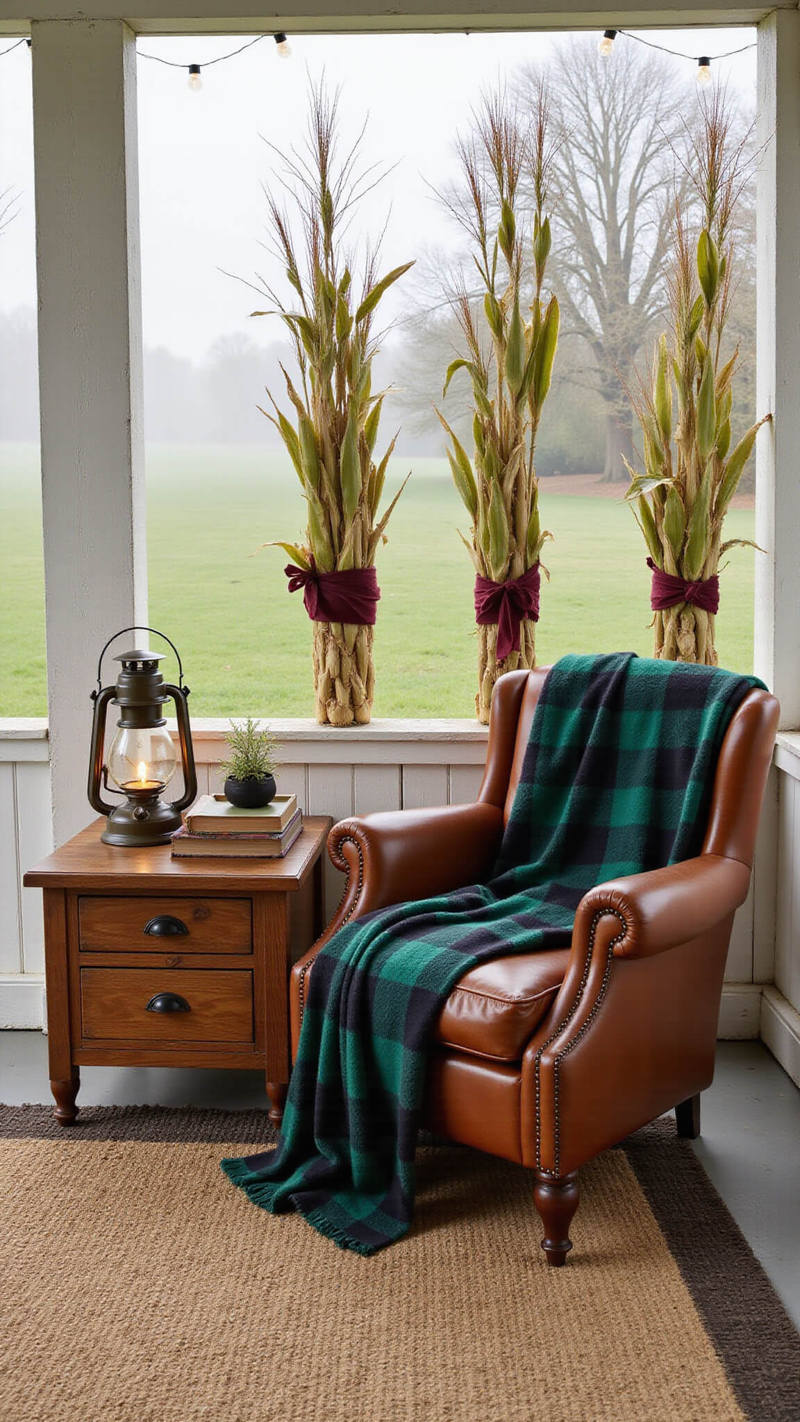 Cozy covered porch reading nook at dawn with leather armchair, oak side table, lantern, books, cornstalks, and ambient string lights in morning mist.