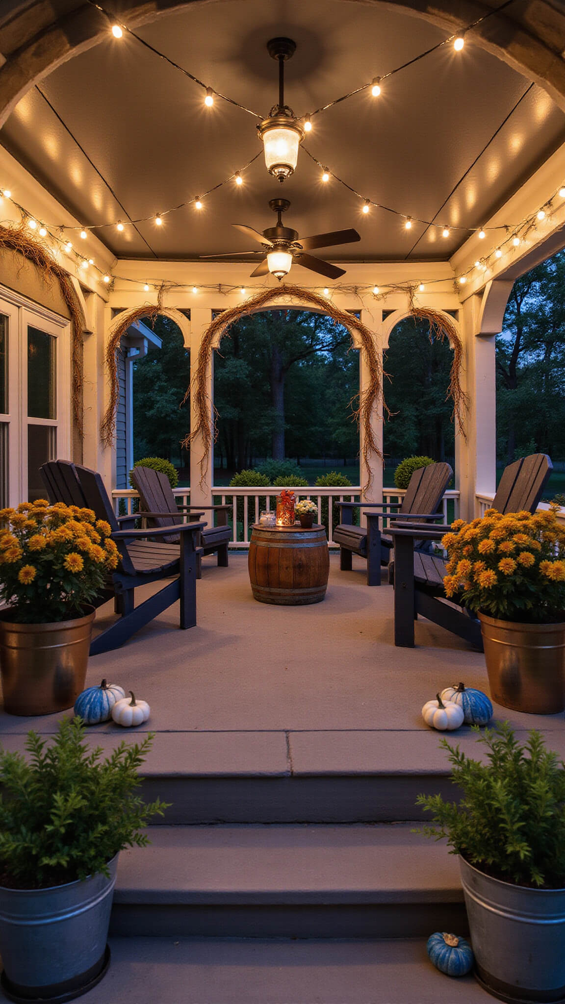Overhead view of a warmly lit farmhouse porch at twilight with navy Adirondack chairs, string lights, grapevine archways, and autumn decor including bronze chrysanthemums and ceramic pumpkins.