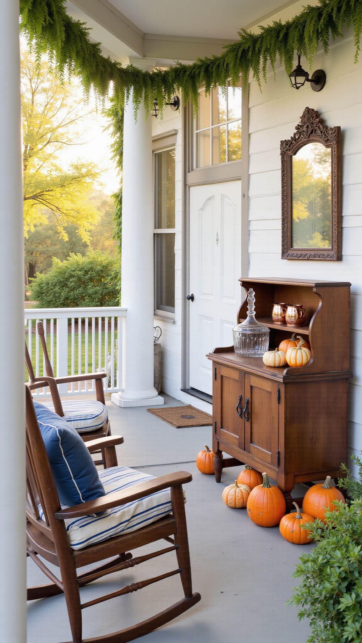 Southern-style veranda at sunset with rocking chair silhouettes, magnolia garland on white columns, hanging Boston ferns, vintage pie safe turned drink station, striped navy and cream cushions, and clusters of orange pumpkins.