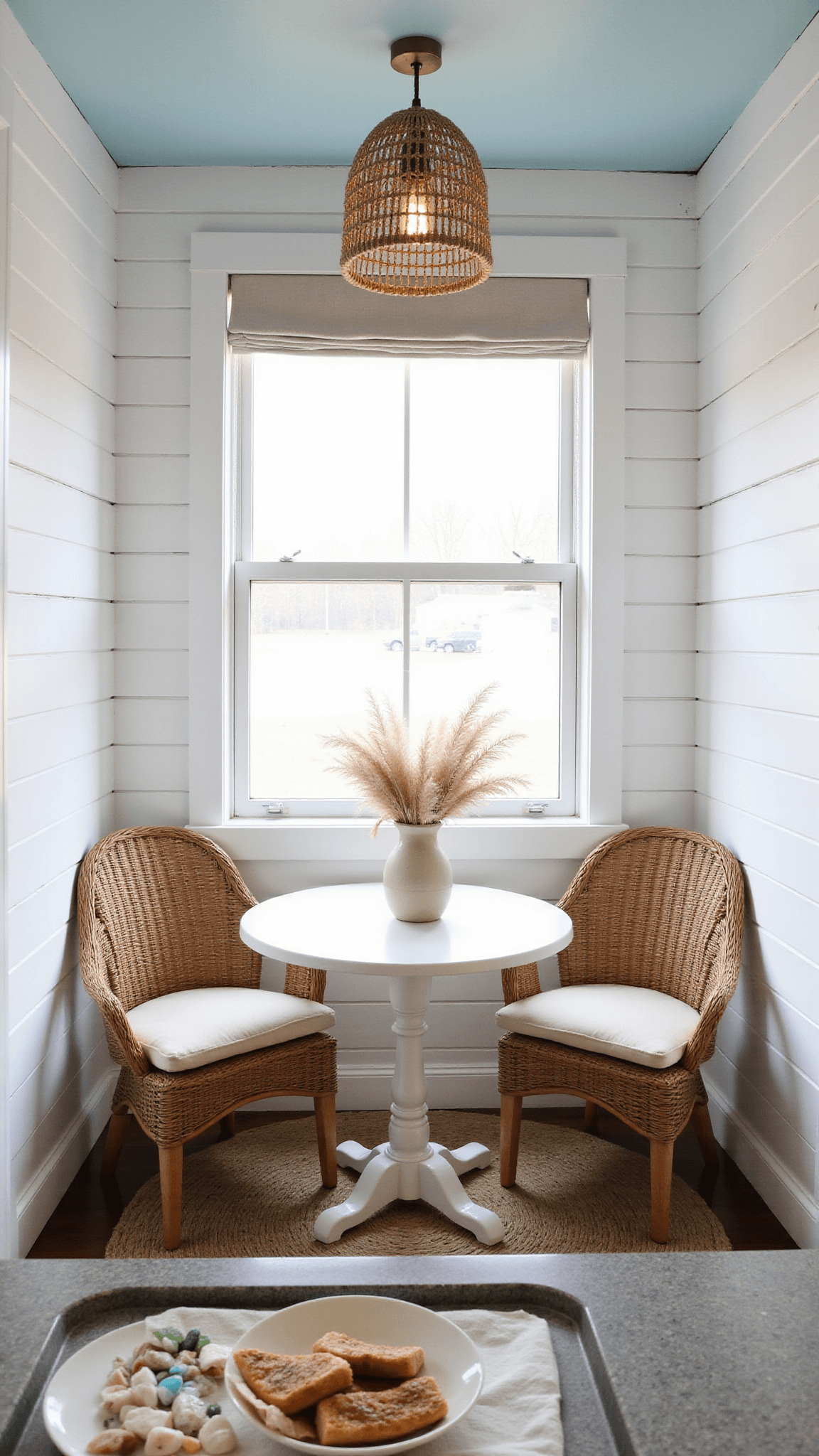 Coastal tiny house kitchen nook with bay window, wicker chairs, round table, pendant light, and airy morning lighting.