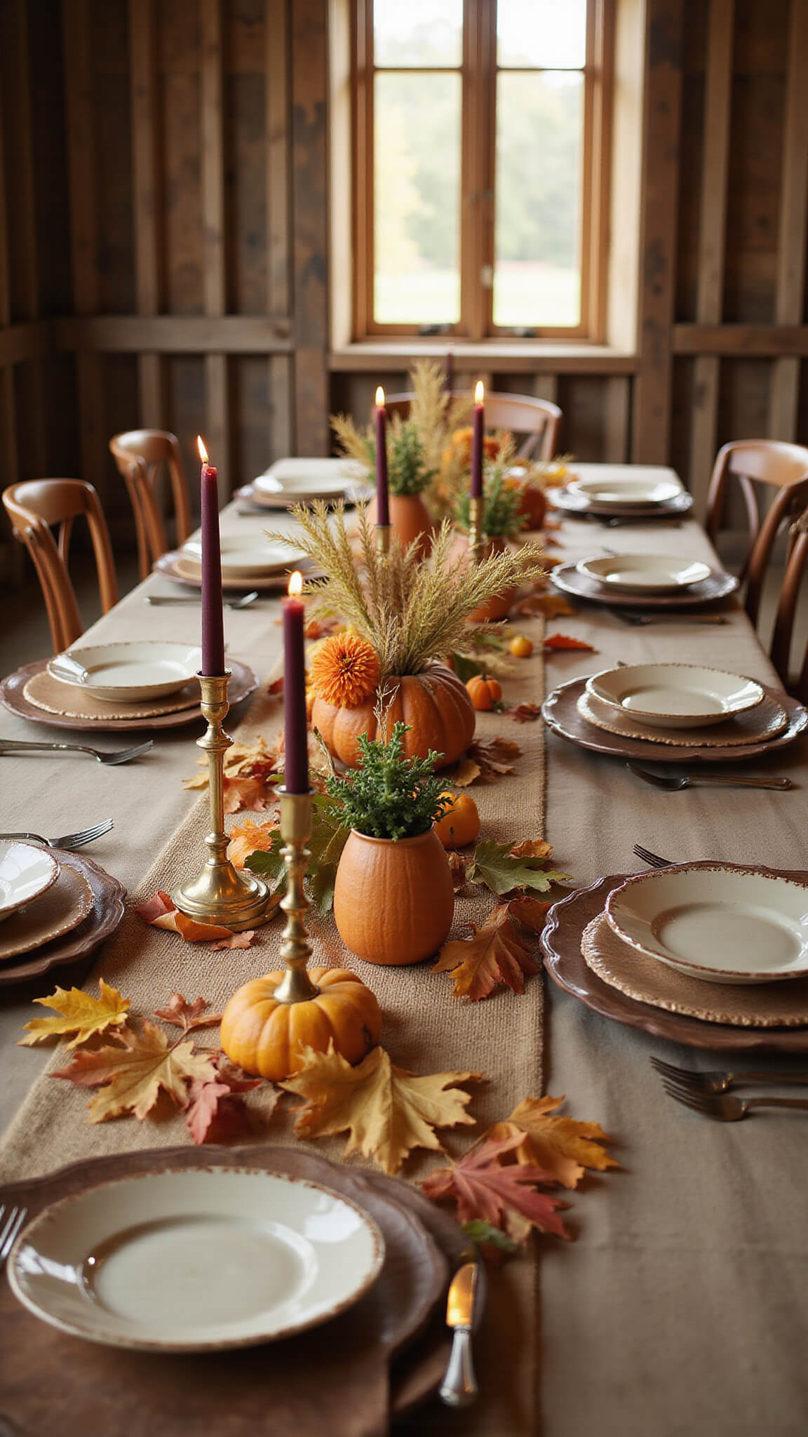 Rustic autumn tablescape on a 20ft farmhouse table with burlap runner, vintage brass candlesticks, copper and pumpkin centerpieces, and warm golden afternoon light streaming through a renovated barn.