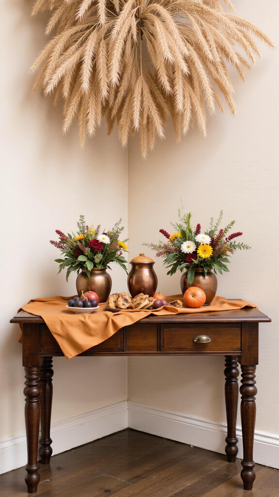 Harvest-themed grand ballroom vignette with antique console table, amber silk runner, seasonal fruits, copper vessels of blooms, and dried wheat installation overhead.