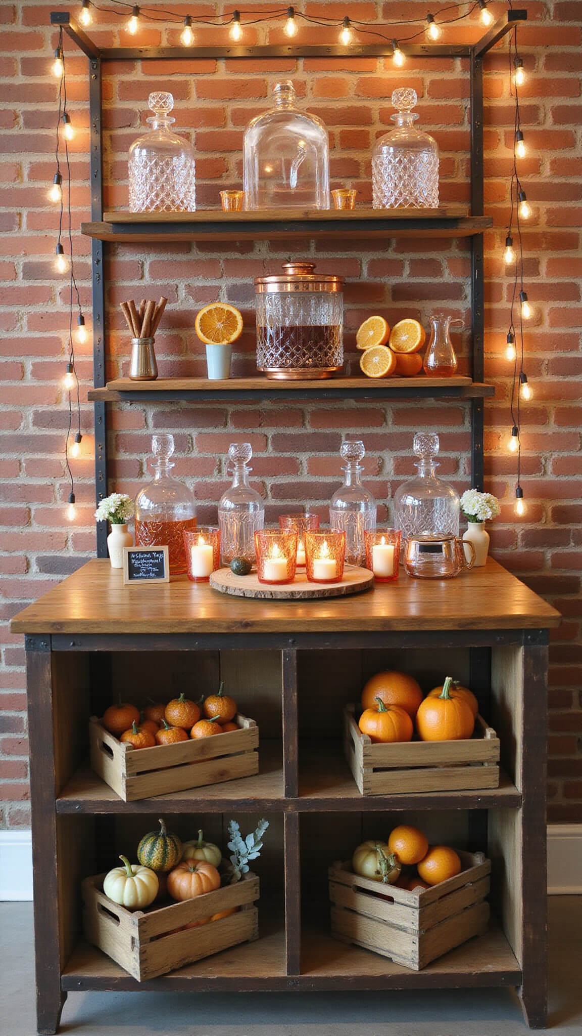 Cozy cocktail station with reclaimed wood bar, copper shelving, and warm Edison bulb lighting; styled with crystal decanters, copper mugs, cinnamon sticks, and dried oranges.