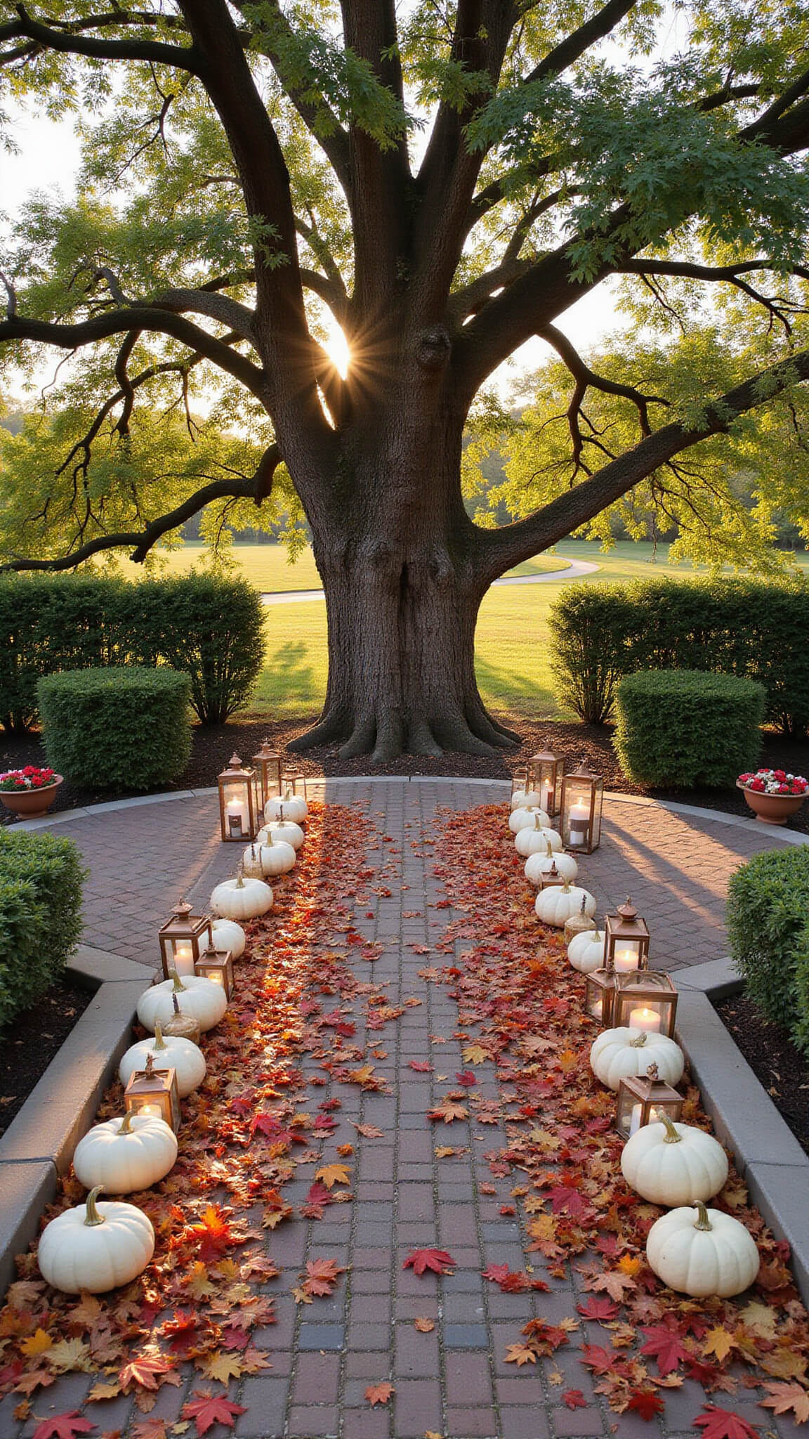 Aerial view of 40ft outdoor aisle lined with white pumpkins and bronze lanterns, leading to oak tree wrapped in café lights, with autumn leaves scattered and golden sunlight casting long shadows.