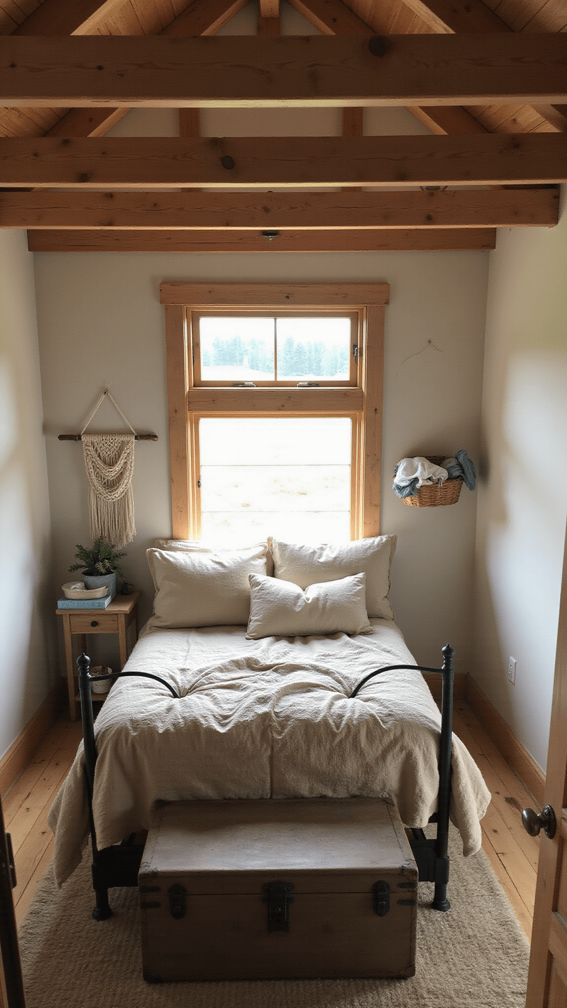 Cozy farmhouse-style tiny house loft bedroom with exposed wooden beams, vintage iron bed in oatmeal linen, distressed trunk nightstand, macramé wall hanging, woven basket, and countryside view through small window.