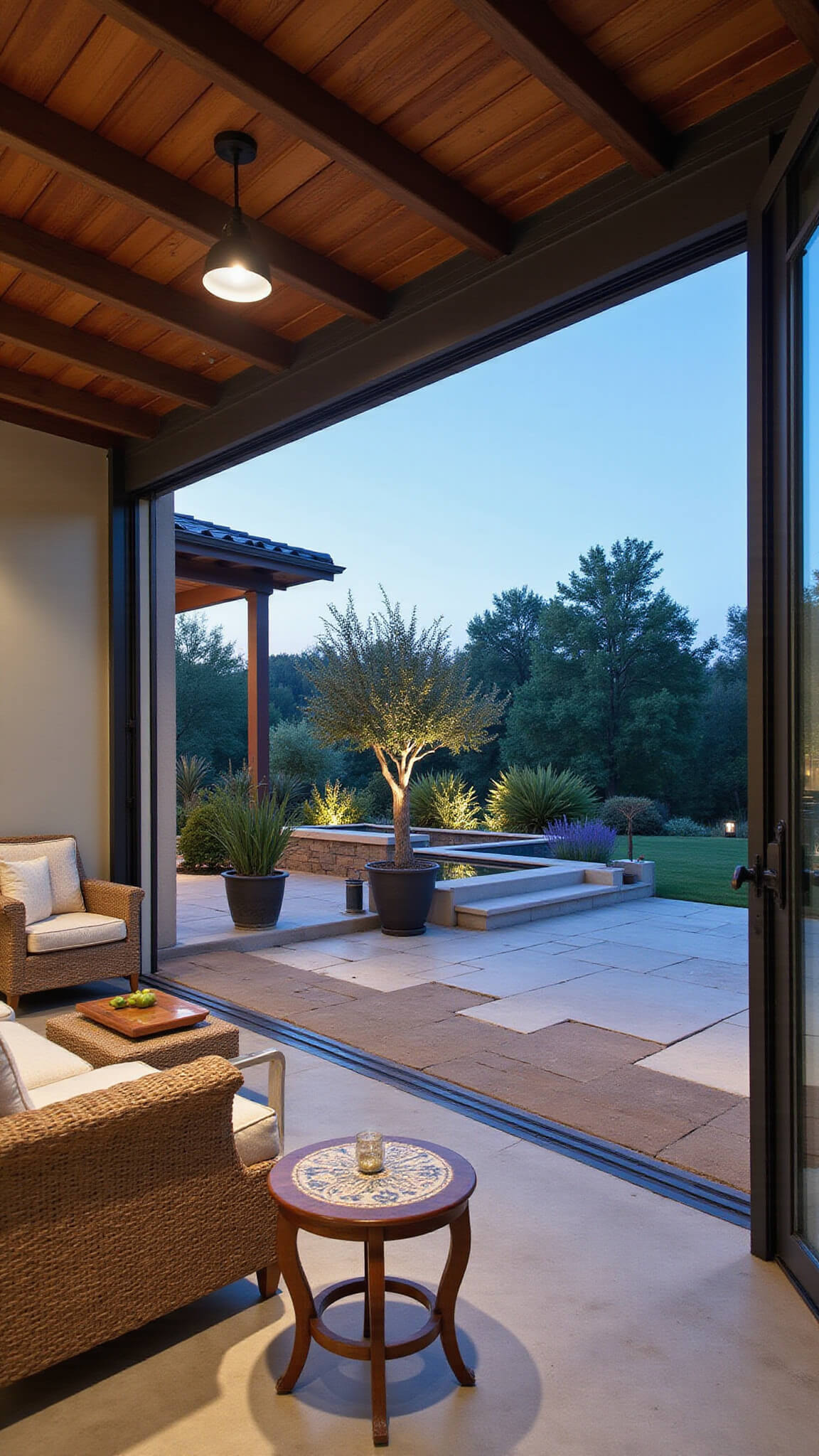 Twilight view of a covered indoor-outdoor loggia with limestone flooring, exposed beams, iron lanterns, woven lounge seating, vintage decor, potted olive trees, and open steel-framed doors to a garden.