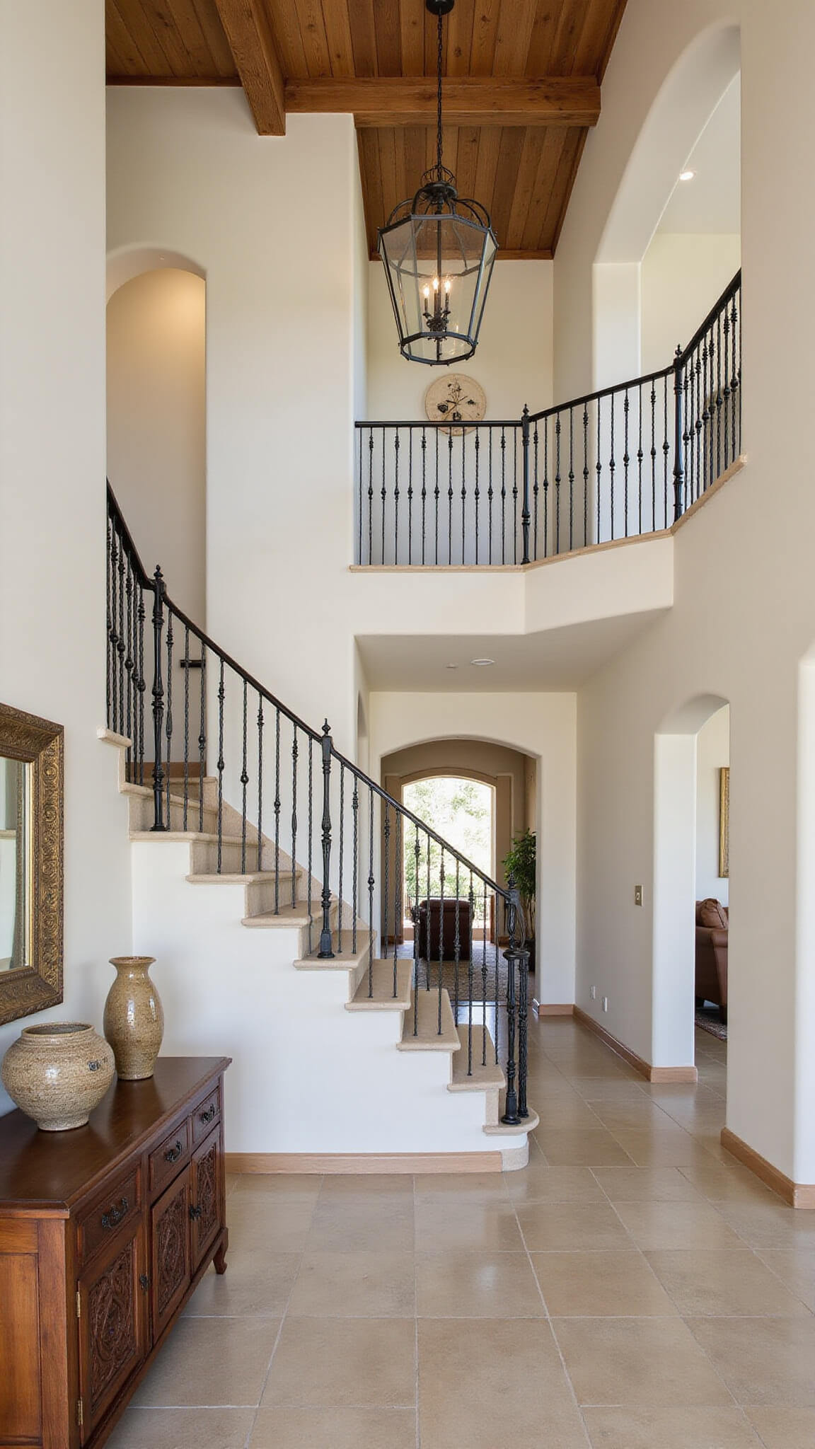 Modern Mediterranean entryway with limestone tiles, curved staircase with iron railing, wooden beam ceiling, oversized iron and glass pendant, and arched doorway leading to bright living space.