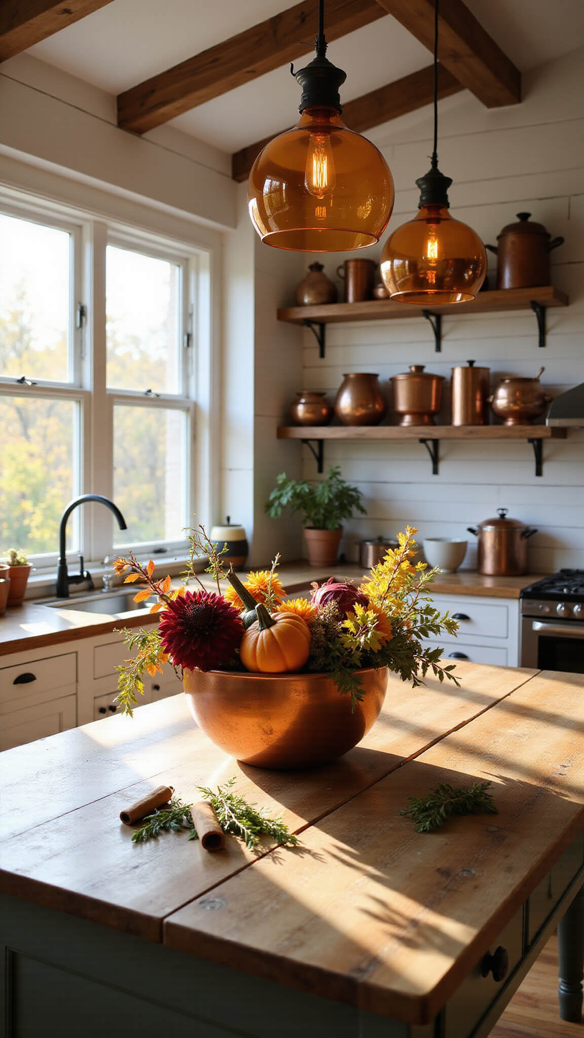 Sunlit farmhouse kitchen with white shiplap walls, exposed beams, and autumn décor featuring a copper bowl of pumpkins and dahlias on a weathered island, viewed through cinnamon sticks and herbs.
