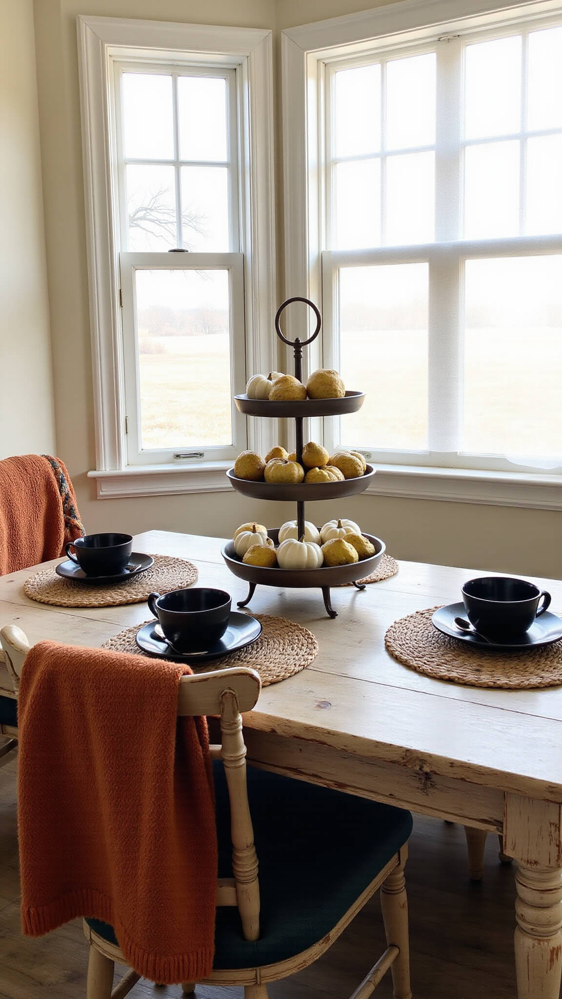High-angle view of a cozy morning kitchen nook with cream walls and bay window, featuring a rustic wooden table set with mini pumpkins, golden pears, scones, black dishware on woven placemats, and a rust throw on a vintage chair in soft morning light.