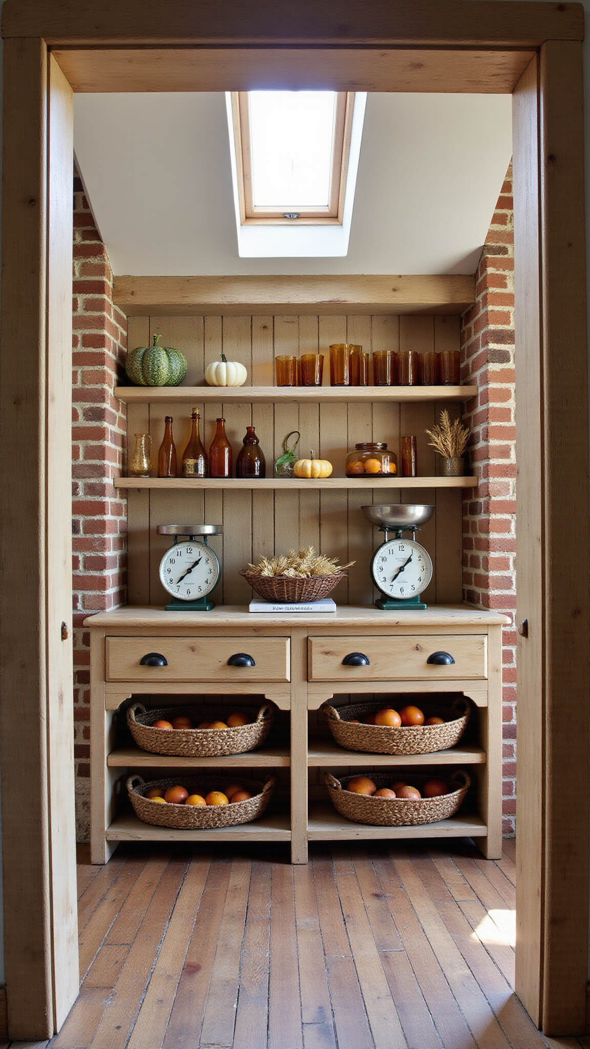 Rustic cottage kitchen with exposed brick walls, reclaimed wood shelves, and natural light from skylights highlighting vintage scales, amber glass, dried wheat, and baskets of apples.