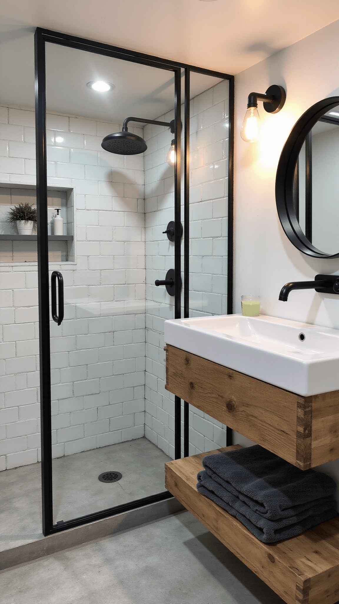 Industrial-modern tiny bathroom with concrete-look floors, floating reclaimed wood vanity, glass shower, LED round mirror, Edison sconces, and metal shelf with plants.