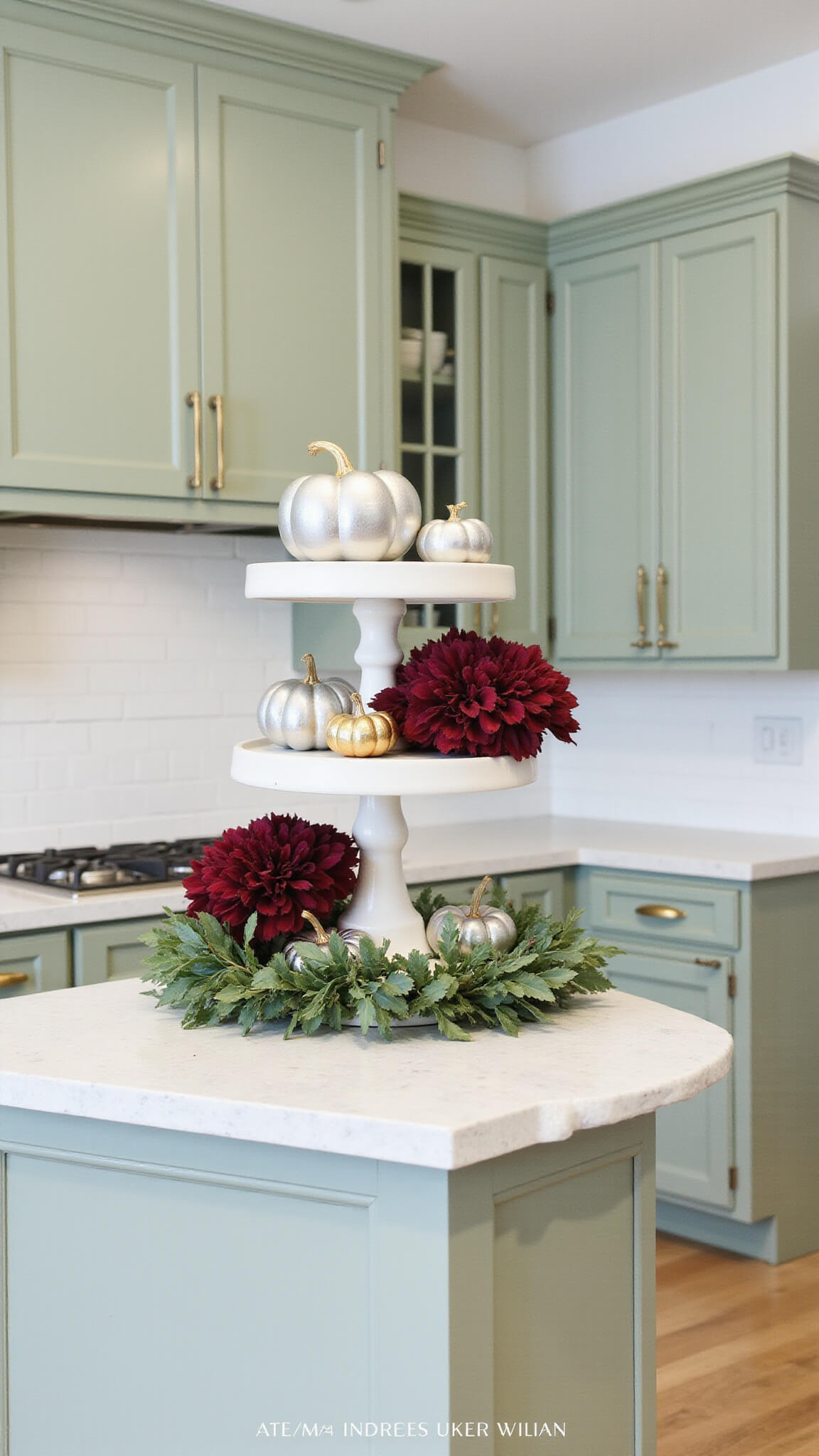 Low-angle view of a contemporary farmhouse kitchen with sage green cabinets, quartz countertops, and a three-tiered fall centerpiece featuring burgundy chrysanthemums, metallic pumpkins, and eucalyptus garland.