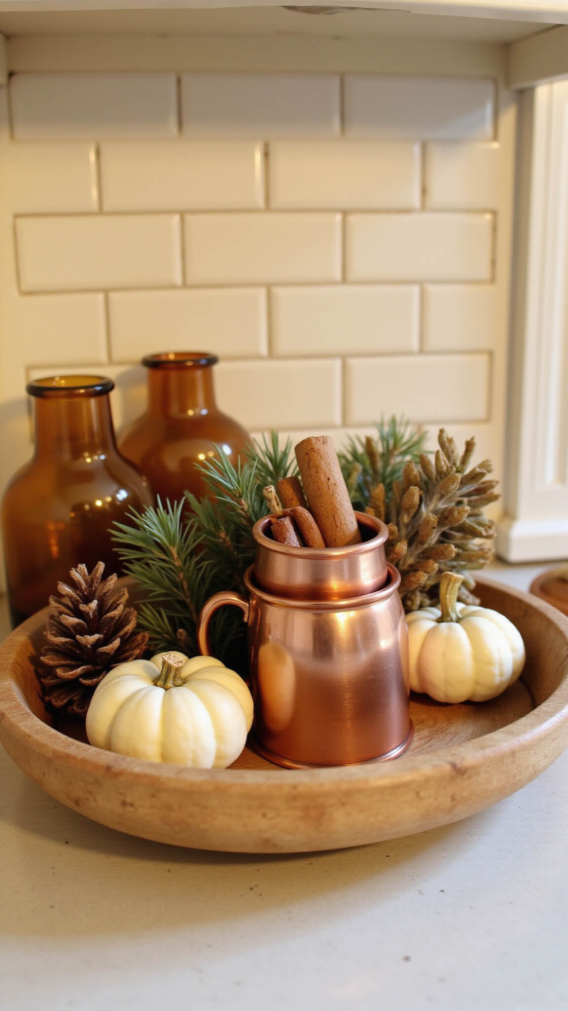 Close-up of a cozy traditional kitchen breakfast bar at golden hour, featuring a wooden dough bowl with pine cones, cinnamon sticks, and white pumpkins, surrounded by copper mugs and amber glass vessels on a warm cream and subway tile backdrop.