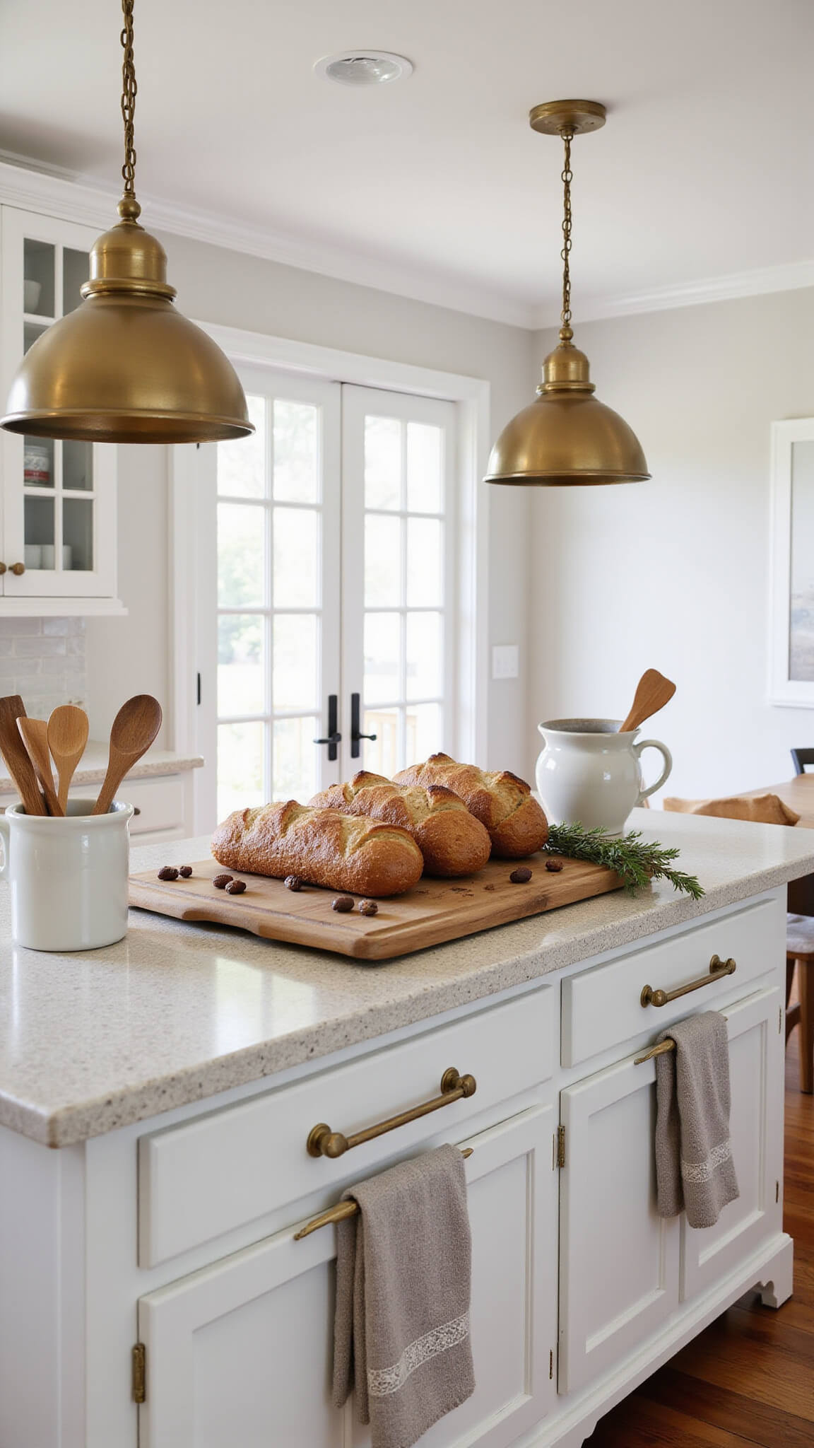 Transitional kitchen at 9am with white cabinets, hardwood floors, and morning light streaming through French doors onto an island with artisanal bread, acorns, and grapevine; brass pendant lights highlight fall-toned tea towels and ceramic crocks with wooden utensils.