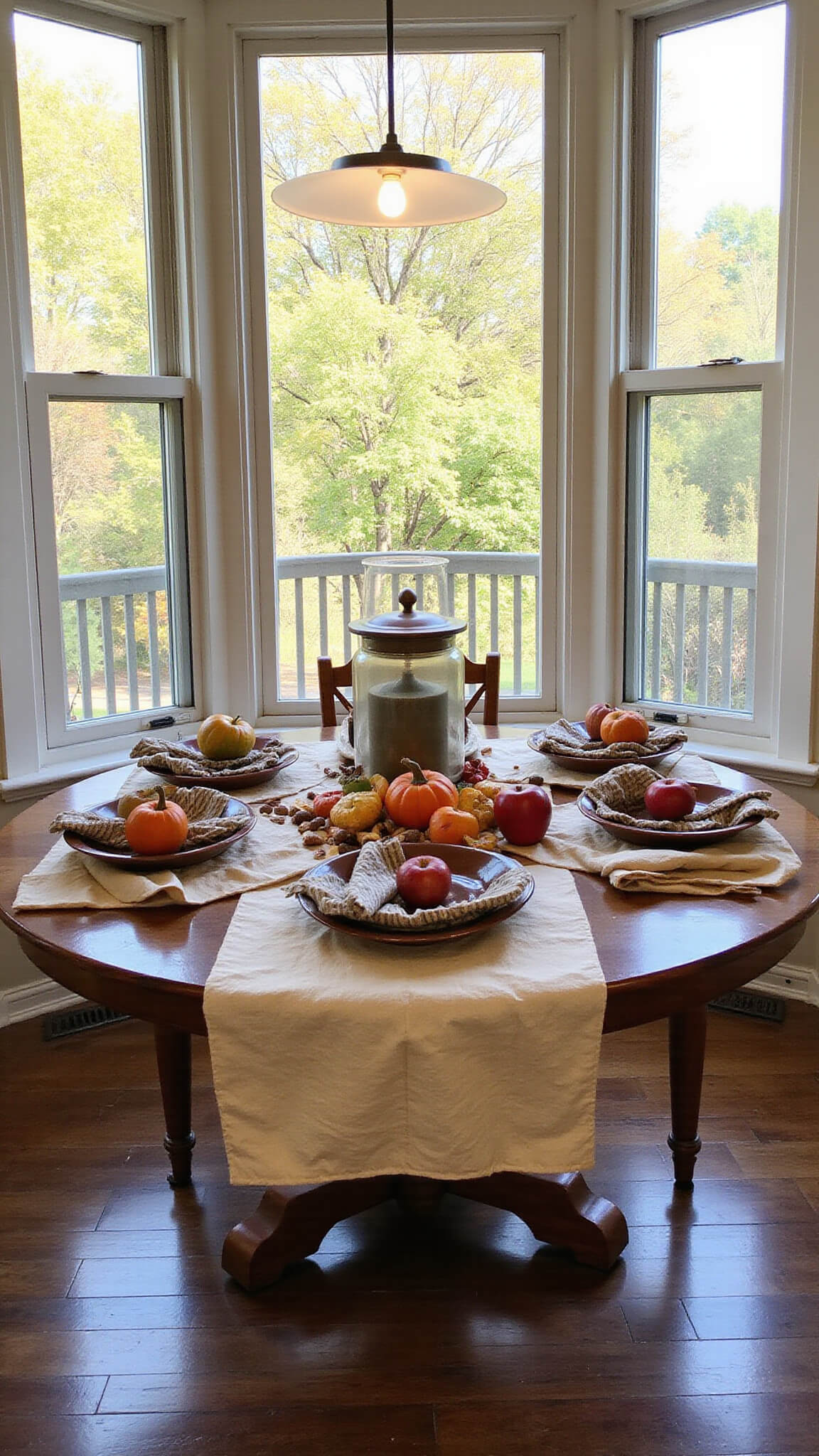 Cozy breakfast nook with round table set for fall, featuring pumpkins, apples, and acorns, framed by bay window showing autumn foliage.