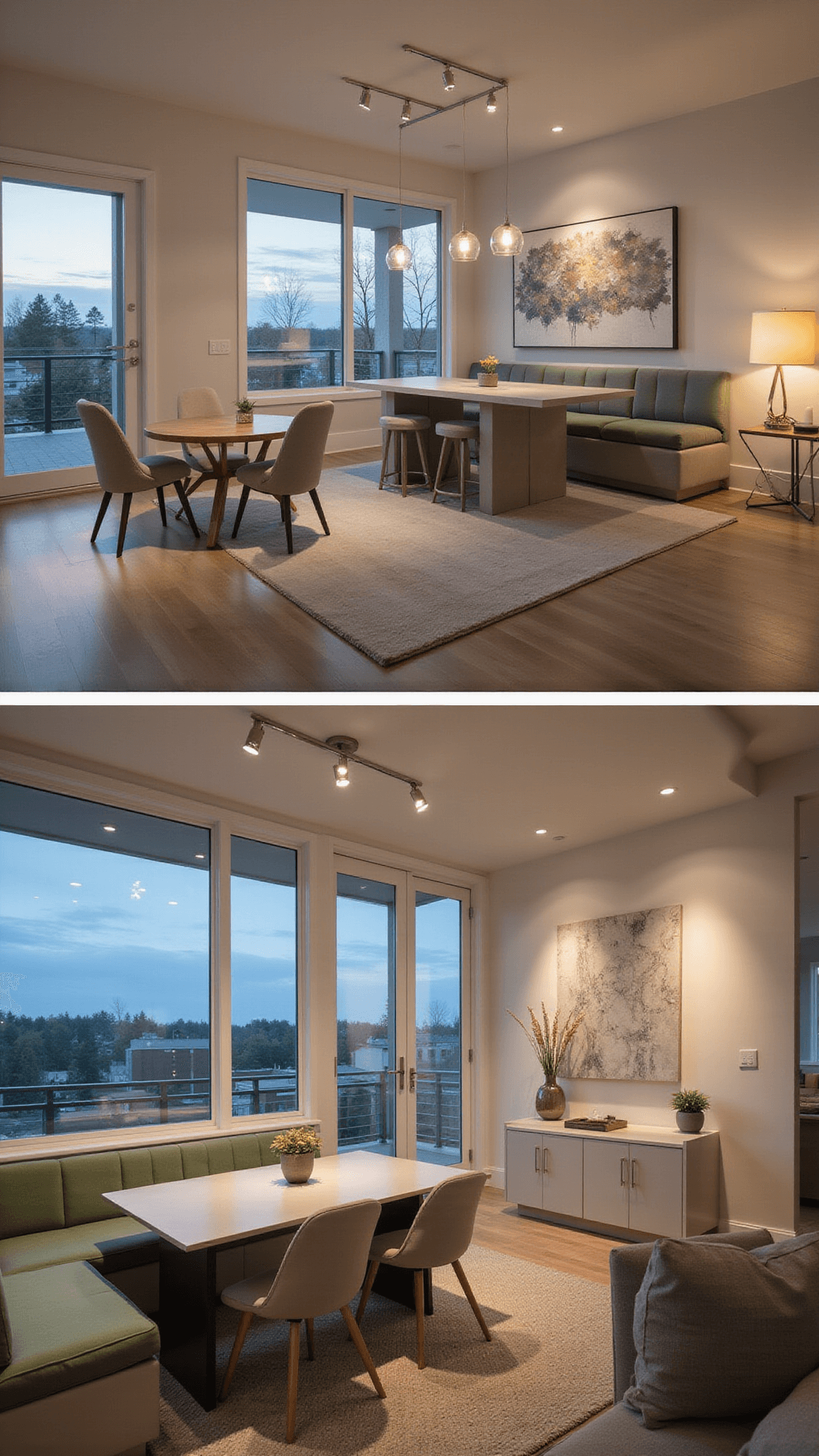 Multi-functional 12x15ft living area with high ceiling, transforming furniture, built-in sage green storage benches, copper accents, accordion glass doors to mini deck, and warm dusk lighting.