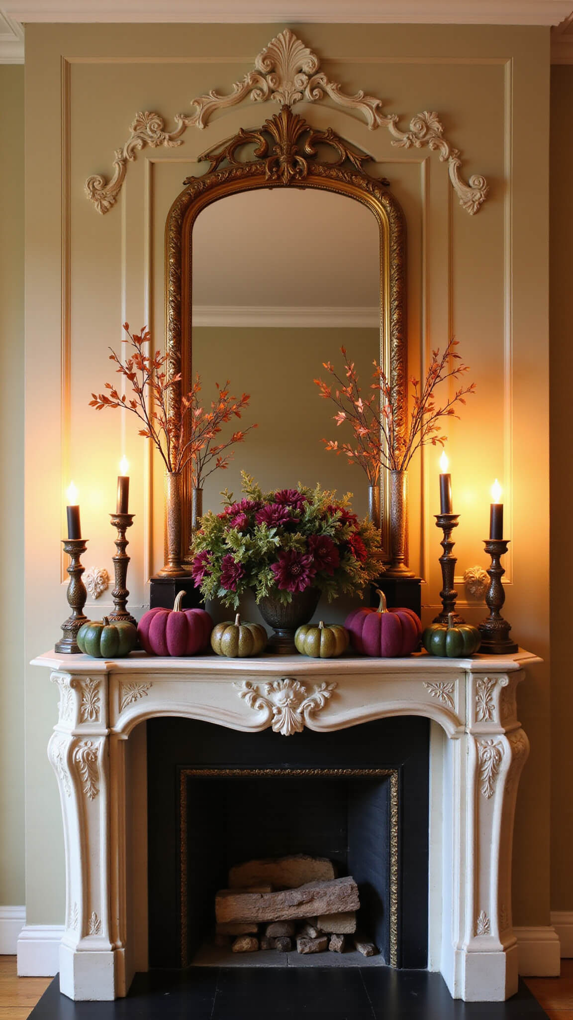 Victorian fireplace with ornate molding, marble mantel decorated with velvet pumpkins, mercury glass candles, copper branches, and gold-framed mirror at golden hour.