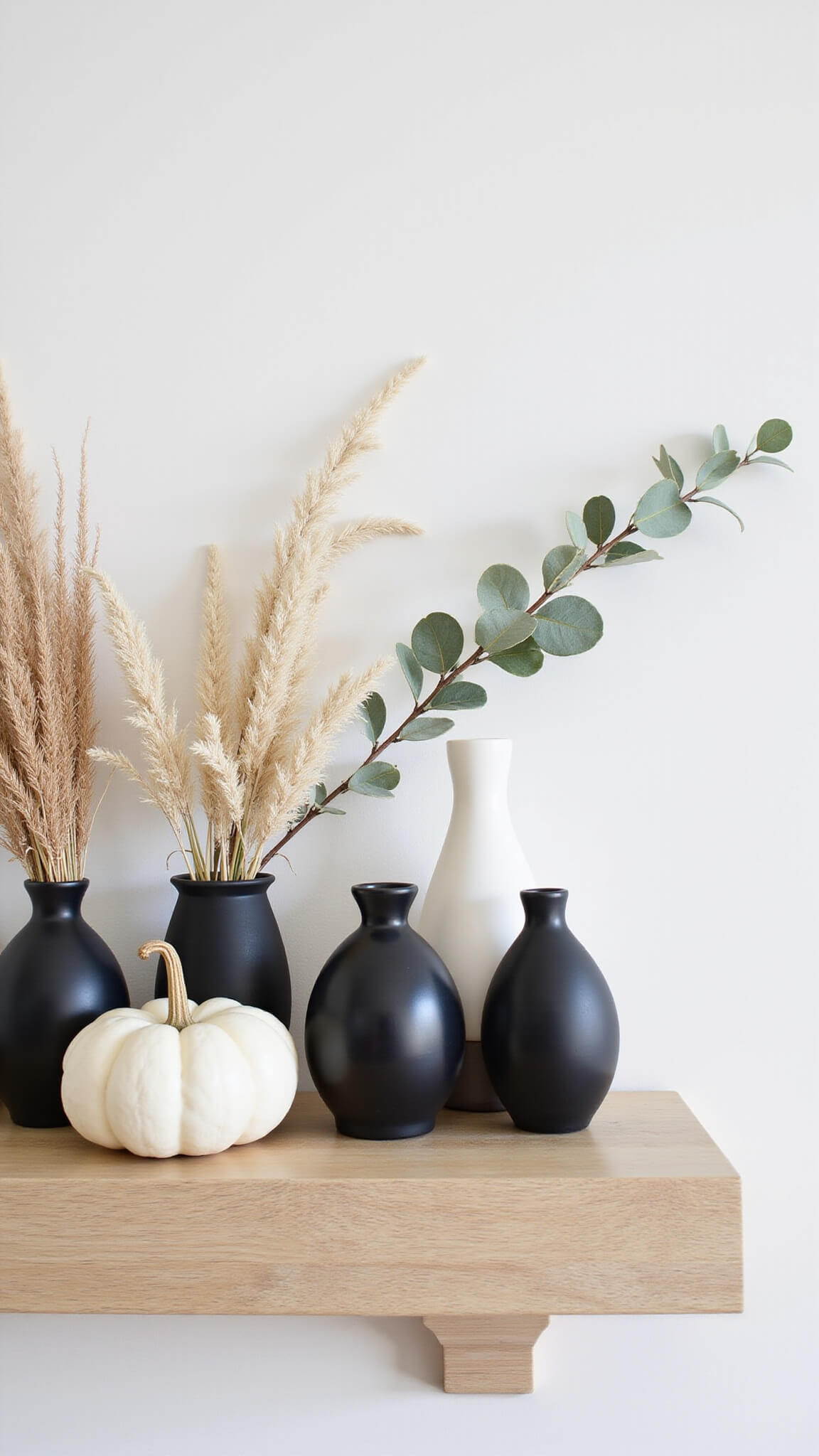 Minimalist bleached oak floating mantel with black ceramic vases, dried pampas grass, white pumpkins, and eucalyptus branch, shot from above in bright light.