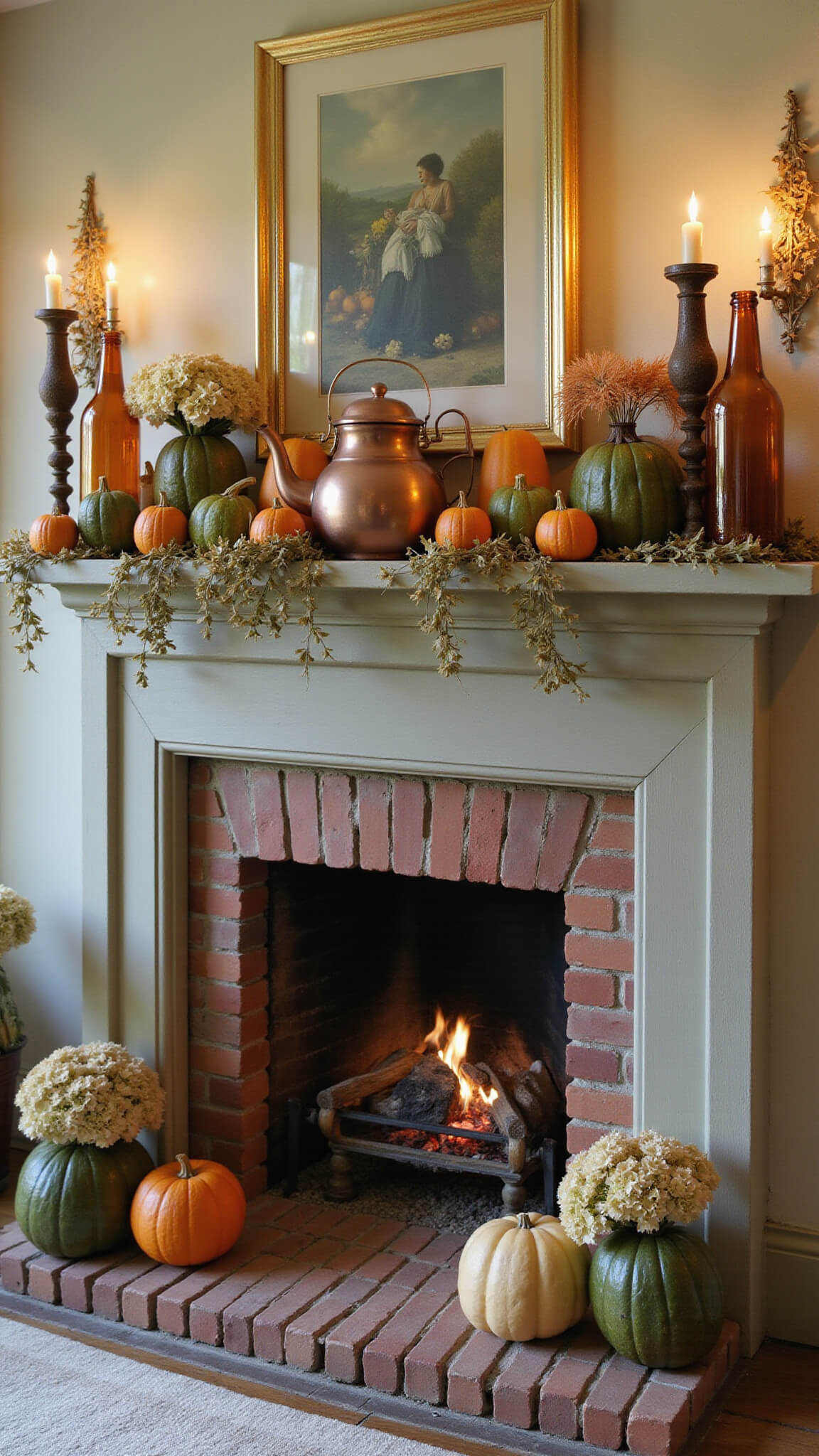 Cozy cottage fireplace with brick surround and autumn mantel decor featuring heirloom pumpkins, dried hydrangeas, grape vines, amber bottles, and a vintage copper kettle.