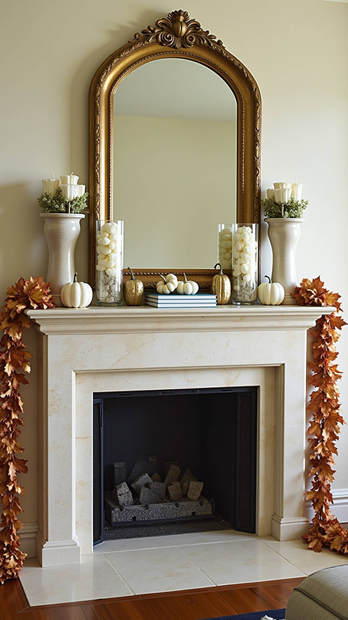 Tall limestone fireplace with gold mirror, white pumpkins, metallic gourds, and cascading copper oak leaves in luxurious living room.