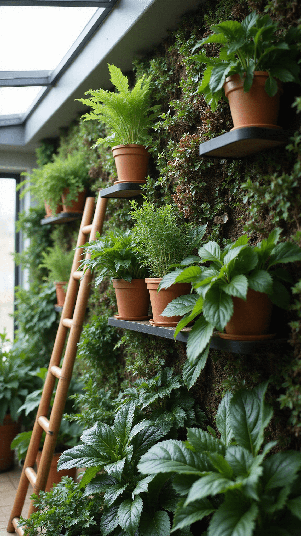 Vertical garden wall in tiny house with mixed green foliage, copper irrigation, terracotta pots on shelves, bamboo ladder plant stand, and morning dew droplets, lit by skylight.