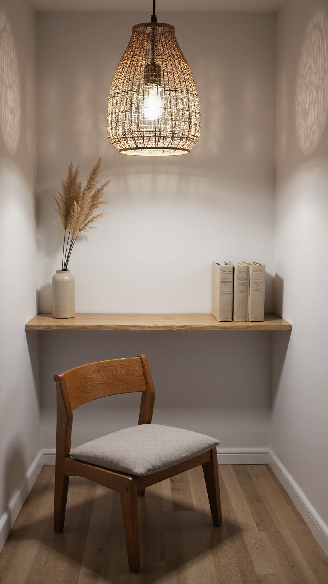Cozy bedroom reading nook at dusk with bamboo pendant light casting shadows over a low oak chair, linen-bound books on a floating shelf, and dried pampas grass in a ceramic vase.