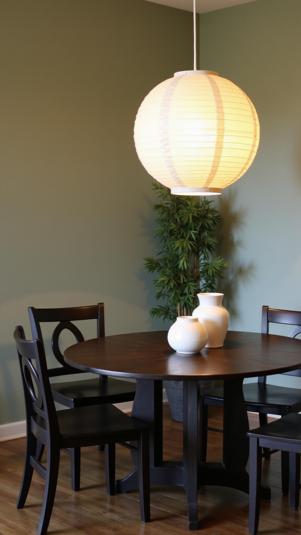 Twilight dining room with large rice paper lantern over round black oak table, asymmetrical white ceramic vessels, sage green walls, and potted bamboo plants.