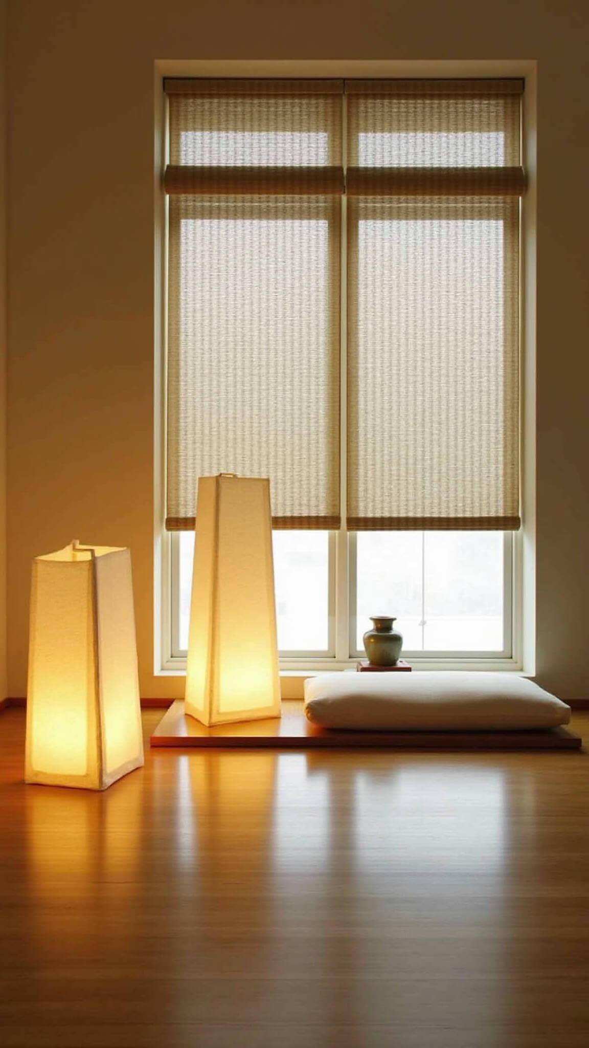 Meditation corner with soft sunrise light, two paper lanterns, low cotton cushion, bamboo blinds, and ceramic incense holder on light oak flooring.