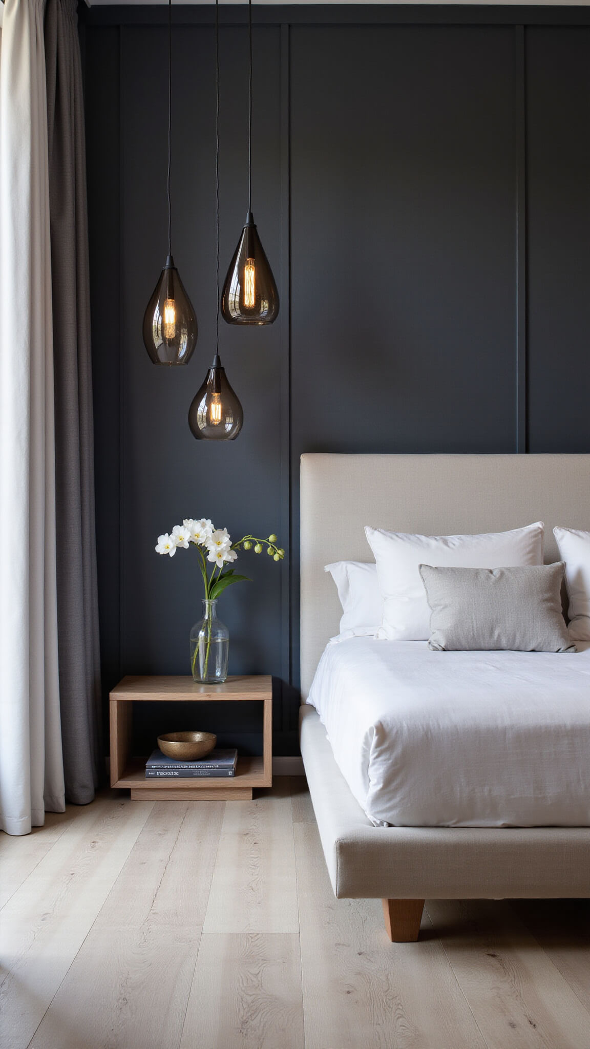 Elegant master bedroom at blue hour with staggered smoky pendant lights, white linens, charcoal accent wall, pale oak flooring, and orchid in glass vase.